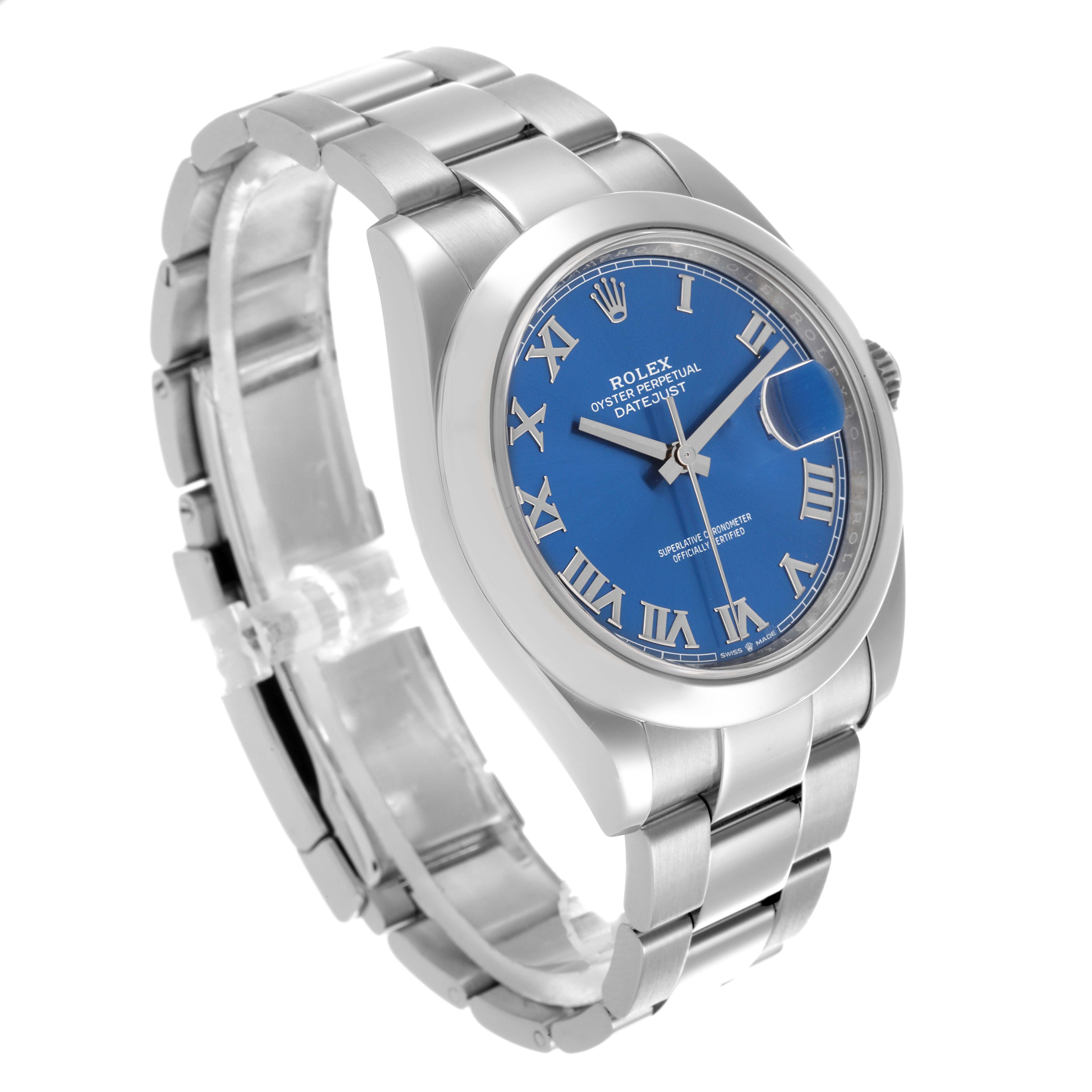 The Rolex Datejust 41 126300 Men
s Stainless Steel Blue Dial 126300 Men
s Stainless Steel Blue Dial is shown at a slight angle highlighting the blue dial, bezel, and part of the bracelet.