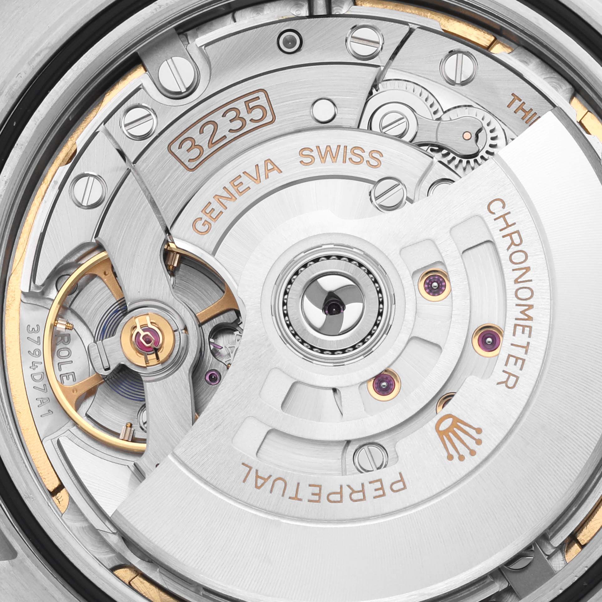 The image shows the intricate movement and rotor mechanism of a Rolex Datejust 41 126300 Men
s Stainless Steel Blue Dial 126300 Men
s Stainless Steel Blue Dial watch.