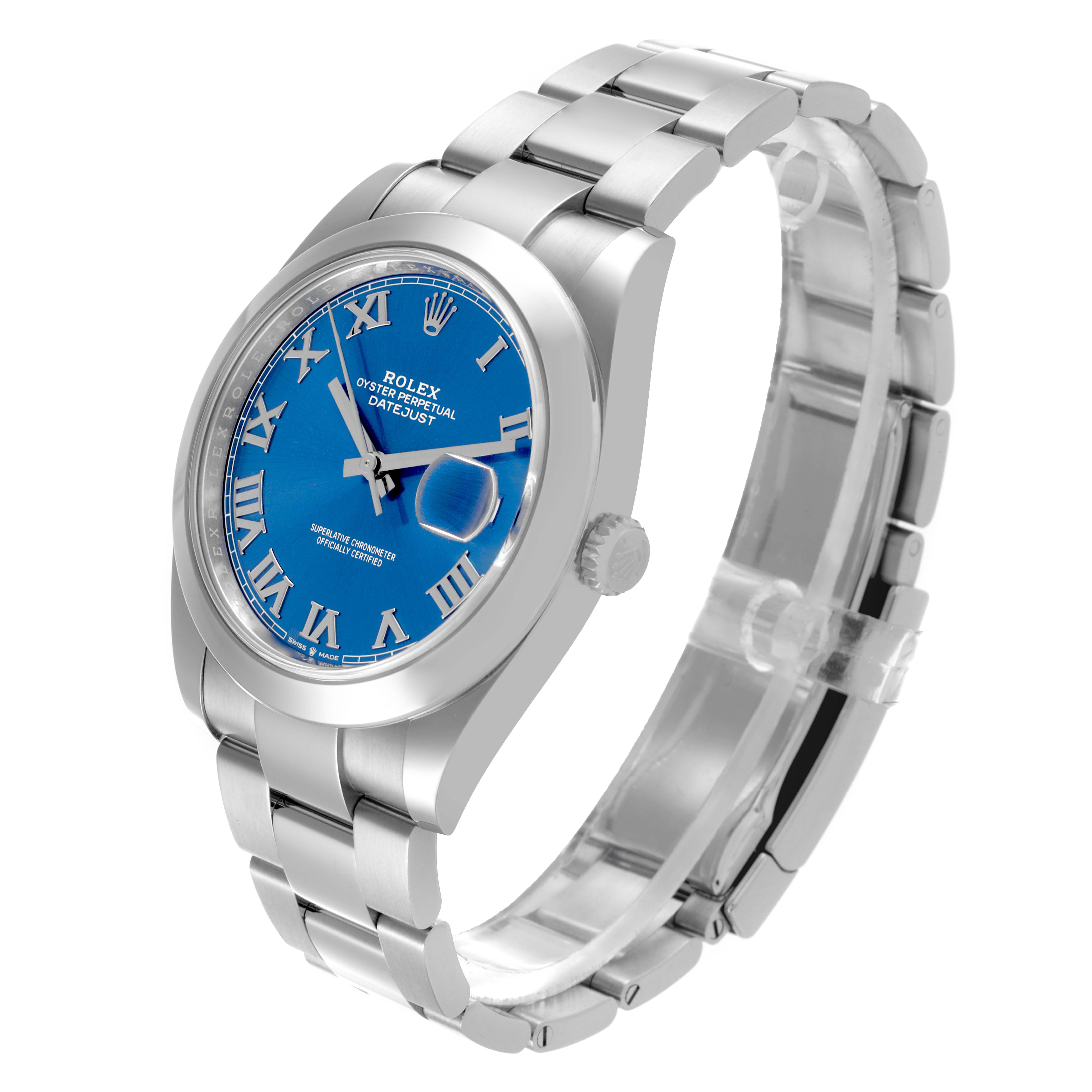 The Rolex Datejust 41 126300 Men
s Stainless Steel Blue Dial 126300 Men
s Stainless Steel Blue Dial is shown at a three-quarter angle, highlighting the dial, bezel, crown, and bracelet.