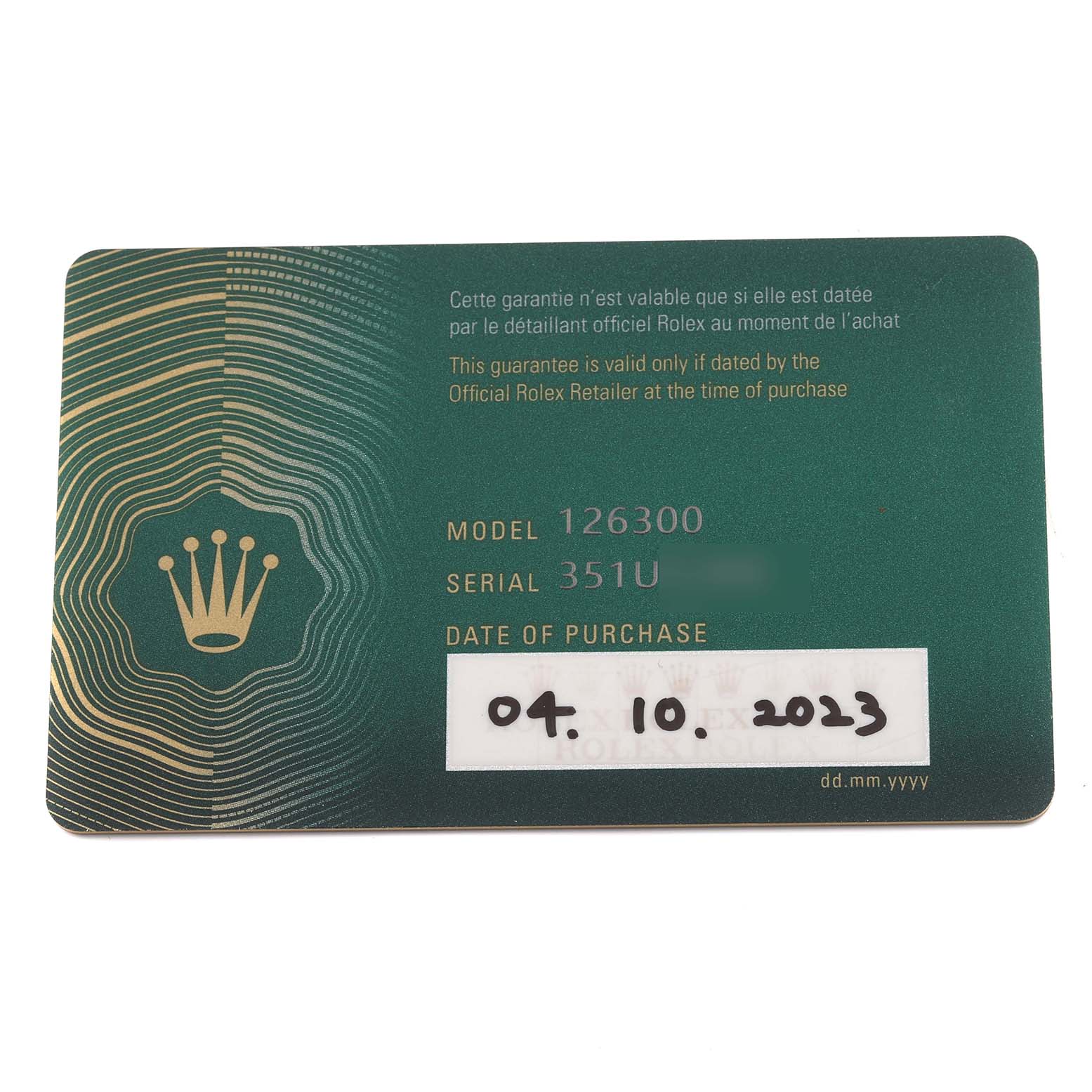 The image shows a Rolex Datejust 41 126300 Men
s Stainless Steel Blue Dial 126300 Men
s Stainless Steel Blue Dial warranty card with model and serial number details.