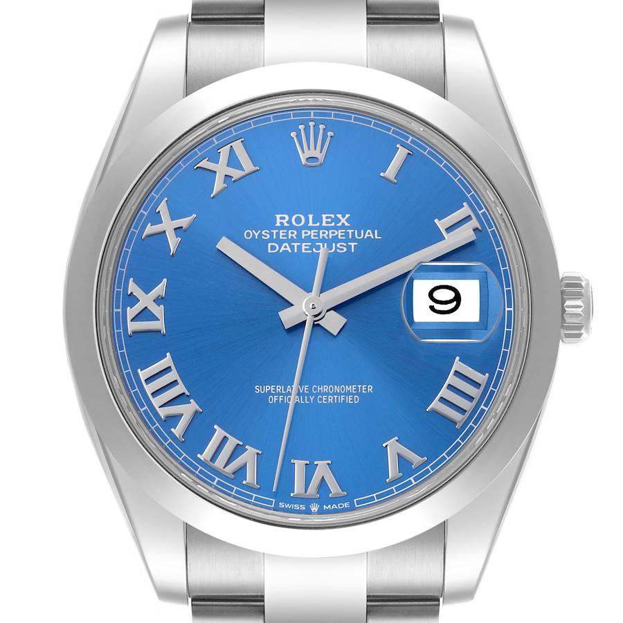 The Rolex Datejust 41 watch is shown from a front angle, highlighting the blue dial, Roman numerals, and date window.