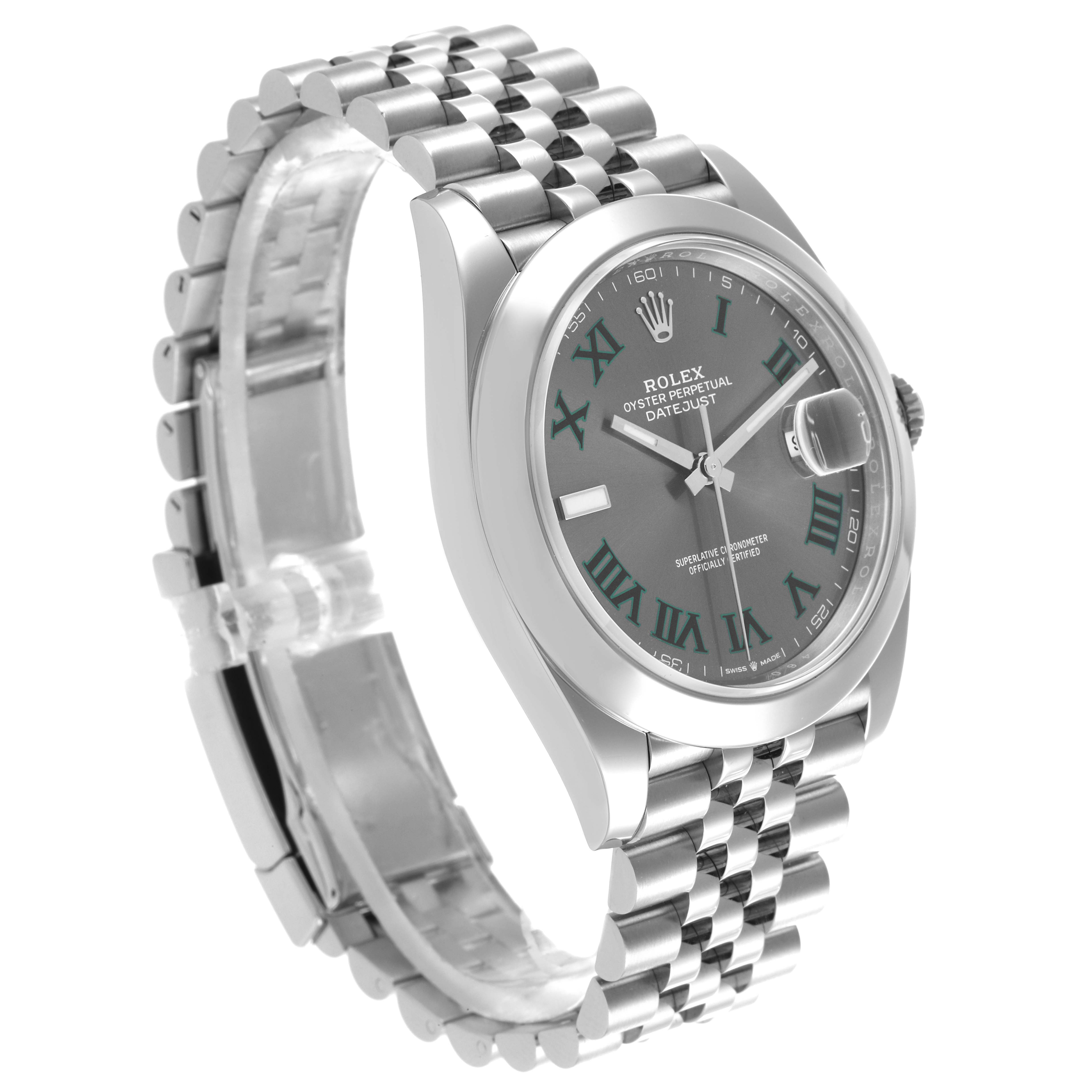 The Rolex Datejust 126300 Men
s Stainless Steel Grey Dial 126300 Men
s Stainless Steel Grey Dial 41 is shown at an angled view highlighting the dial, bezel, and bracelet.