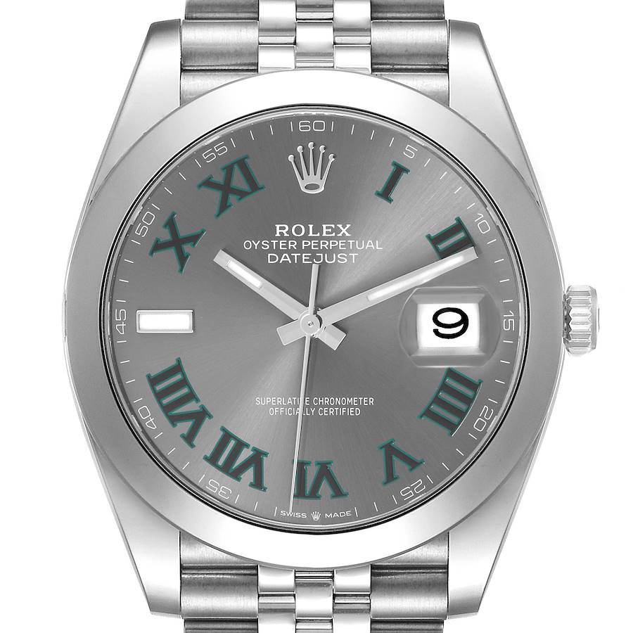 The Rolex Datejust 41 is shown from the front, displaying the dial, hands, date, and part of the bracelet.