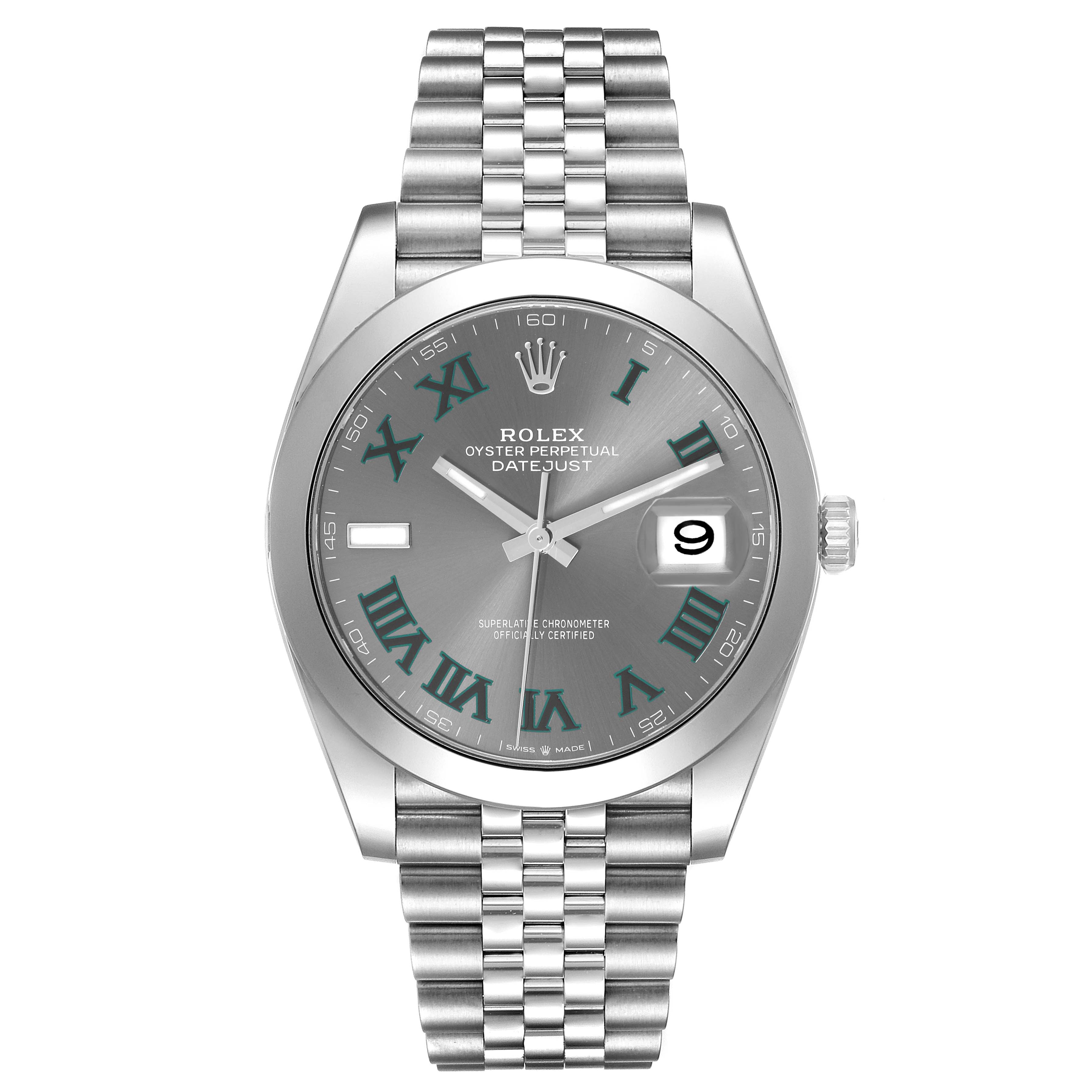 The Rolex Datejust 126300 Men
s Stainless Steel Grey Dial 126300 Men
s Stainless Steel Grey Dial 41 watch is shown from a front angle, highlighting the dial, bezel, bracelet, and crown.