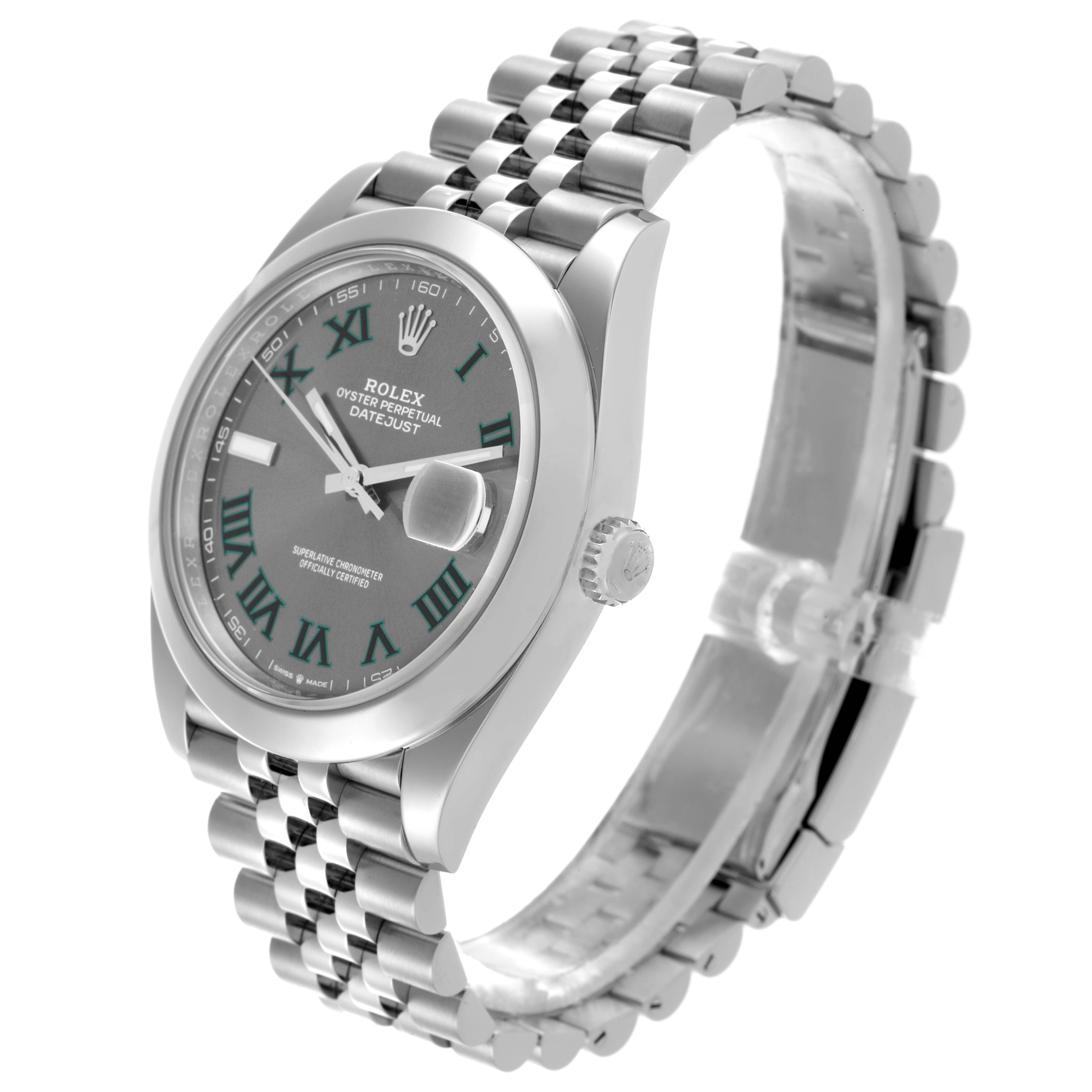 The Rolex Datejust 126300 Men
s Stainless Steel Grey Dial 126300 Men
s Stainless Steel Grey Dial 41 is shown at an angled view highlighting the dial, bezel, crown, and bracelet.