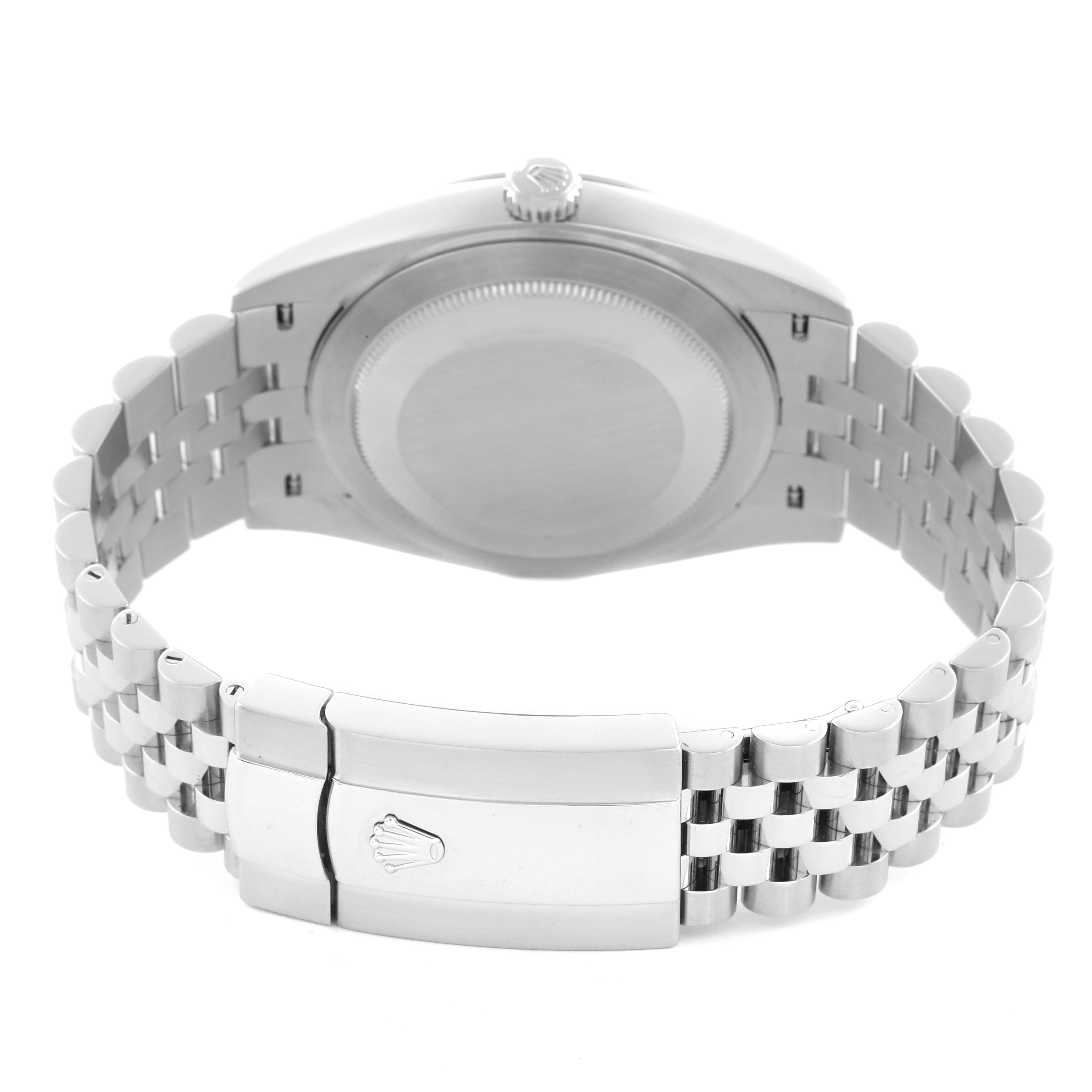 The image shows the back view of a Rolex Datejust 126300 Men
s Stainless Steel Grey Dial 126300 Men
s Stainless Steel Grey Dial 41, highlighting the case back and metal bracelet clasp.