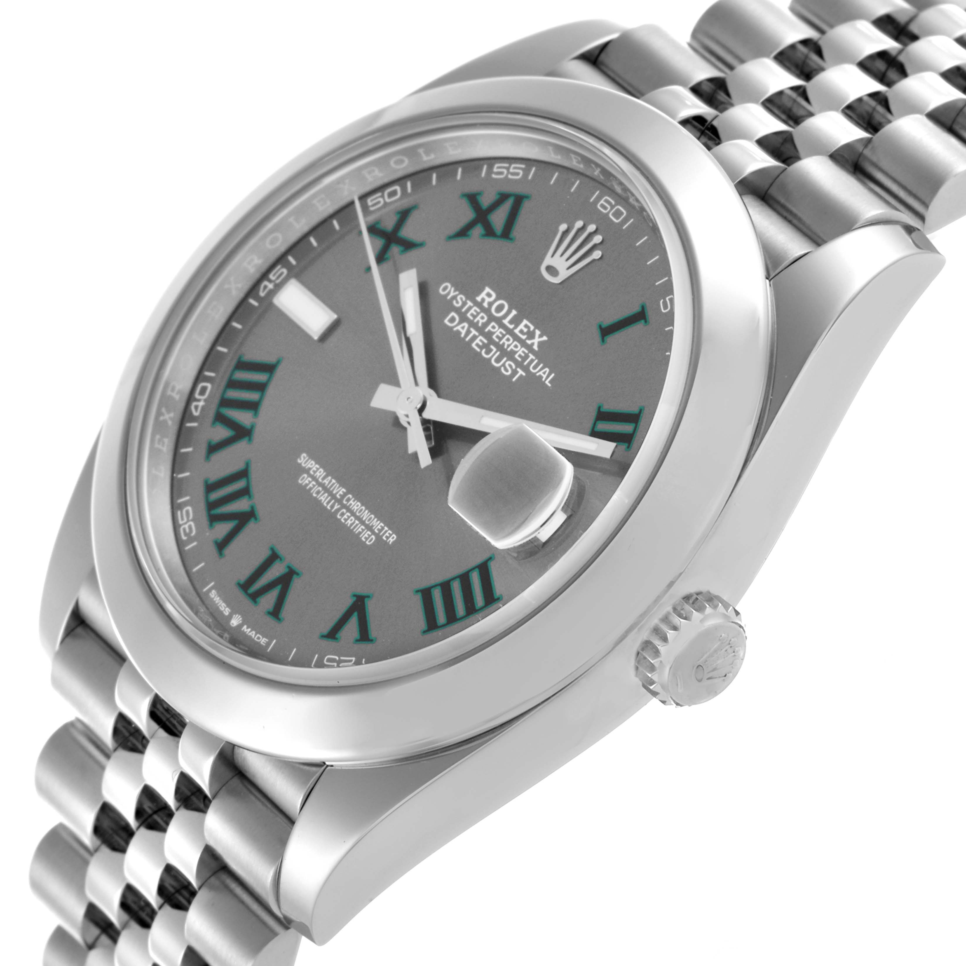 The Rolex Datejust 126300 Men
s Stainless Steel Grey Dial 126300 Men
s Stainless Steel Grey Dial 41 is shown at an oblique angle, highlighting the dial, bezel, crown, and part of the Jubilee bracelet.