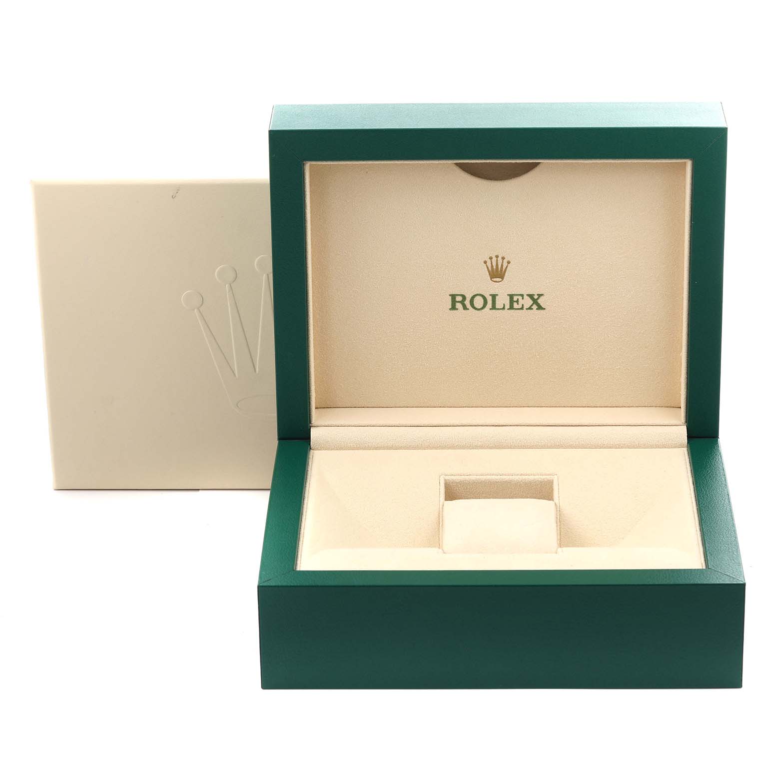 The image shows an open Rolex packaging box for the Datejust 41, highlighting the interior and branding.
