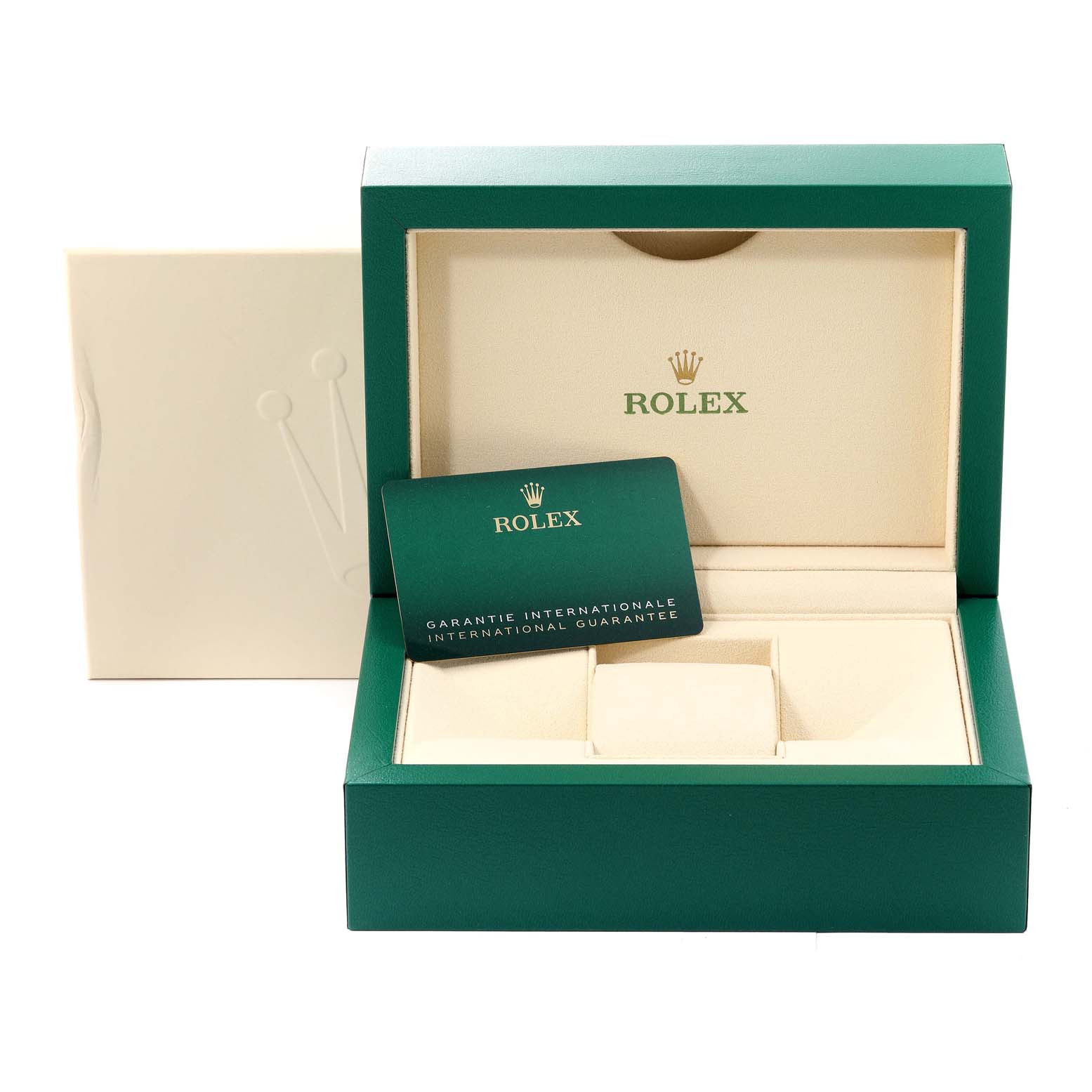 The image shows the open packaging box and international guarantee card for the Rolex Datejust 41 126334 Men
s Stainless Steel Grey Dial 126334 Men
s Stainless Steel Grey Dial model.