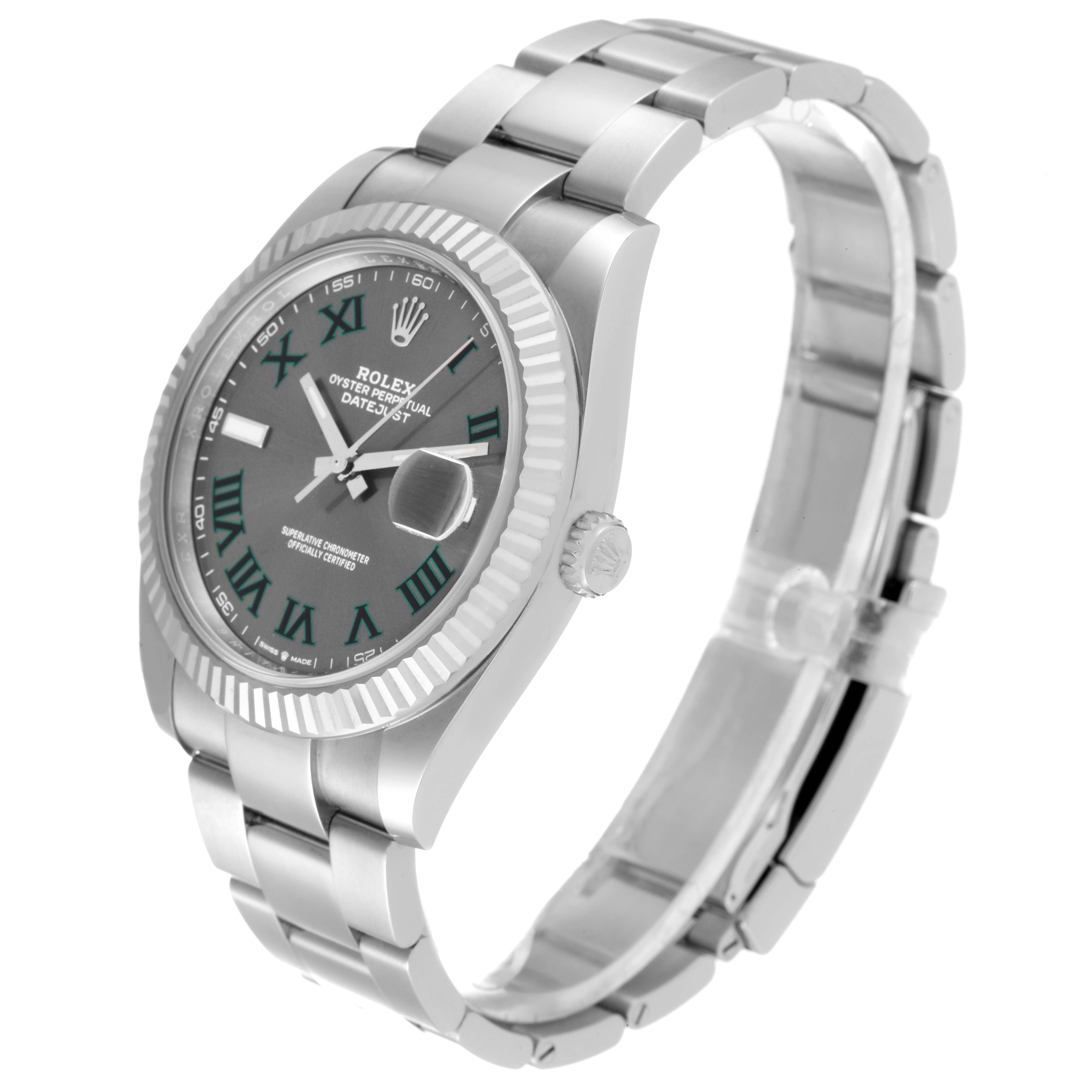 The Rolex Datejust 41 126334 Men
s Stainless Steel Grey Dial 126334 Men
s Stainless Steel Grey Dial watch is shown from an angled side view, highlighting its face, bezel, and bracelet.