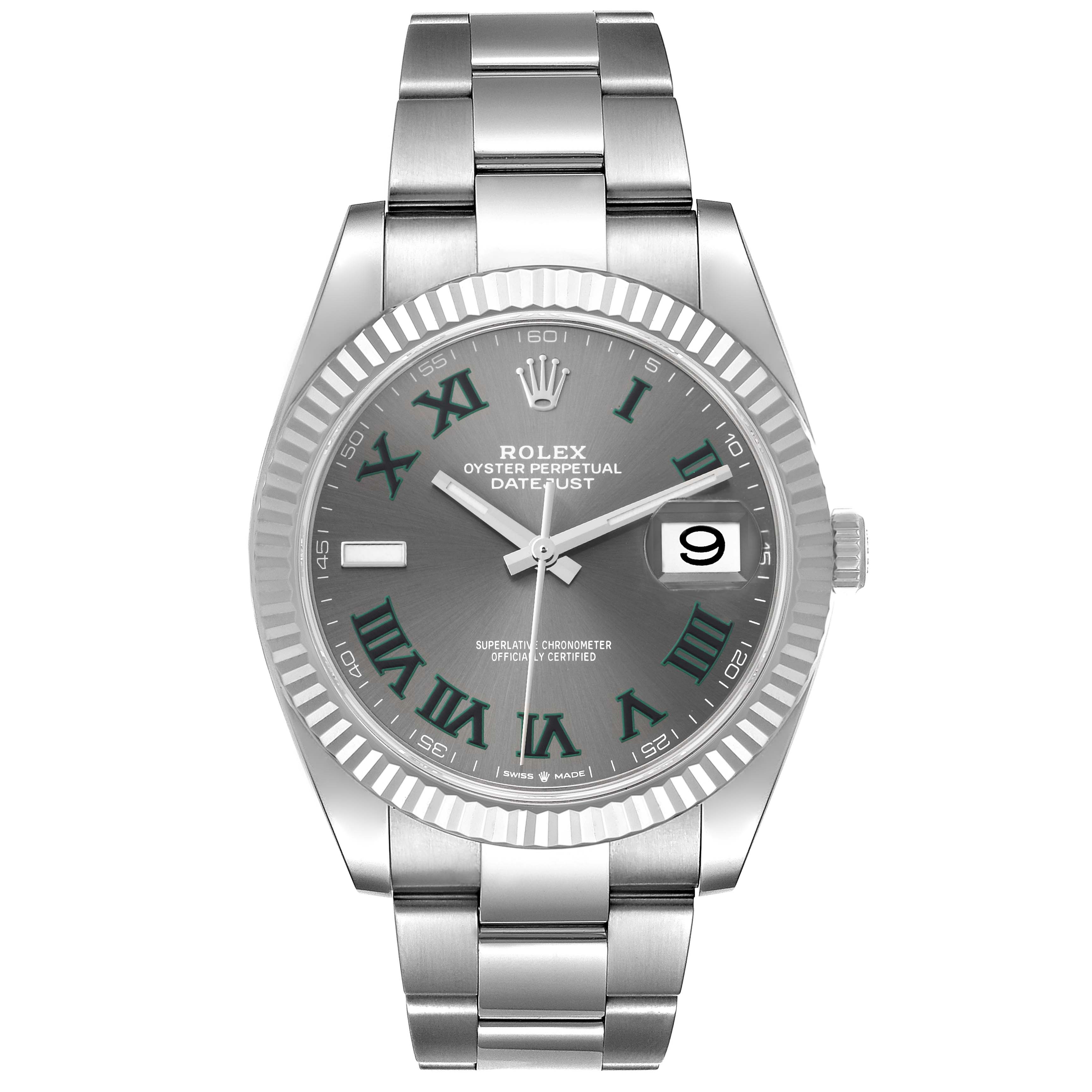 This image shows a front view of the Rolex Datejust 41 126334 Men
s Stainless Steel Grey Dial 126334 Men
s Stainless Steel Grey Dial, highlighting the dial, bezel, and bracelet.