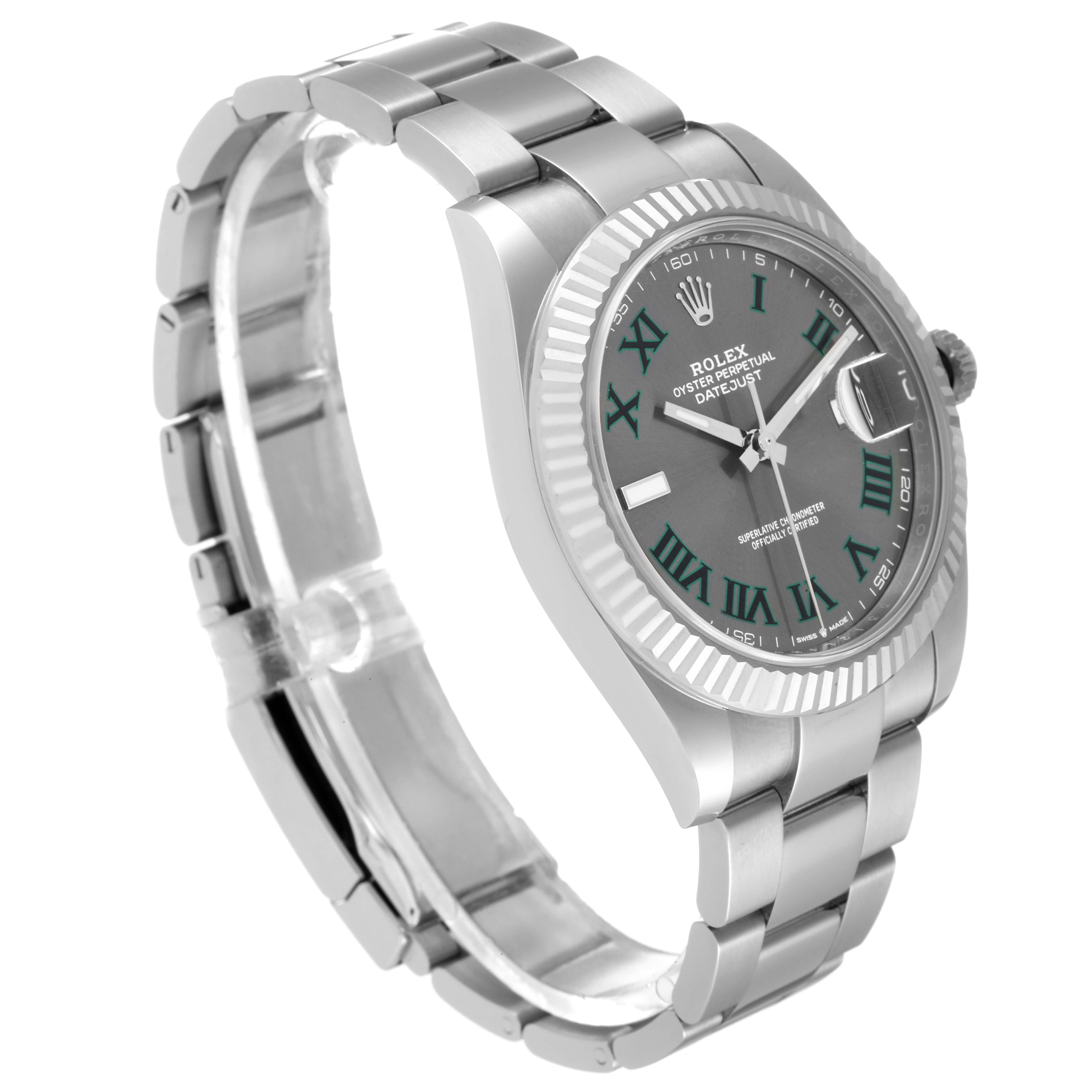 The Rolex Datejust 41 126334 Men
s Stainless Steel Grey Dial 126334 Men
s Stainless Steel Grey Dial watch is shown at a three-quarter angle, highlighting the face, bezel, and bracelet.