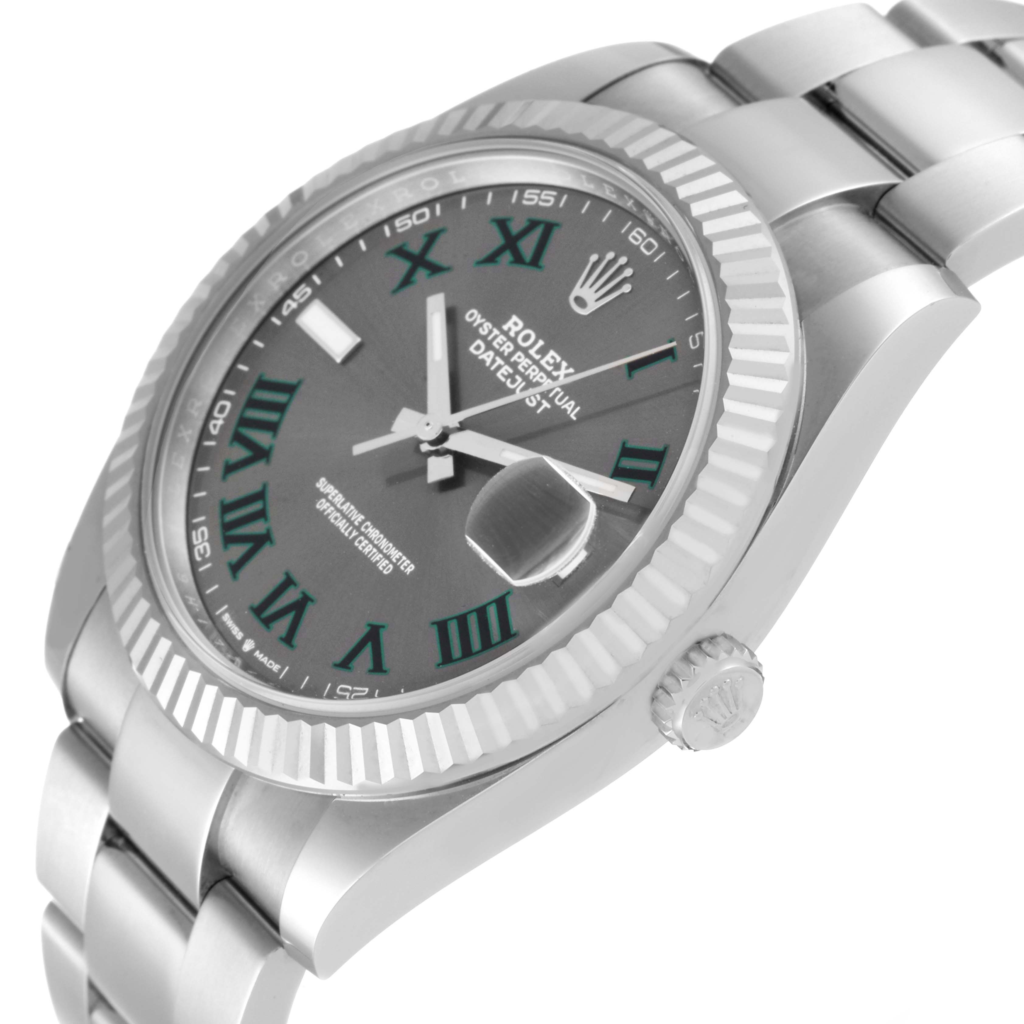 The image shows a side angle of the Rolex Datejust 41 126334 Men
s Stainless Steel Grey Dial 126334 Men
s Stainless Steel Grey Dial, highlighting the watch face, bezel, crown, and part of the wristband.