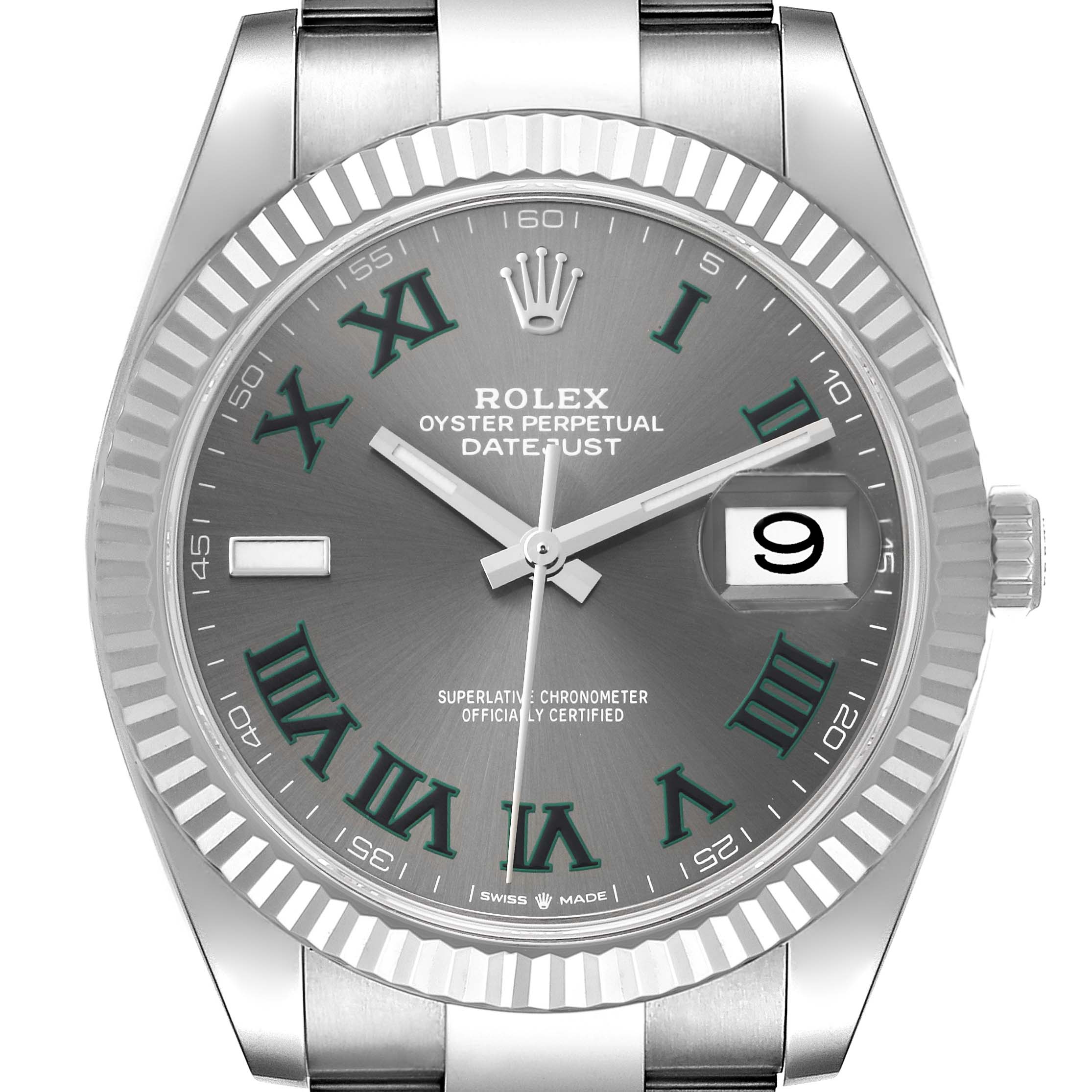 The image shows a front view of the Rolex Datejust 41 126334 Men
s Stainless Steel Grey Dial 126334 Men
s Stainless Steel Grey Dial watch, highlighting its gray dial, fluted bezel, and date window at 3 o
clock.