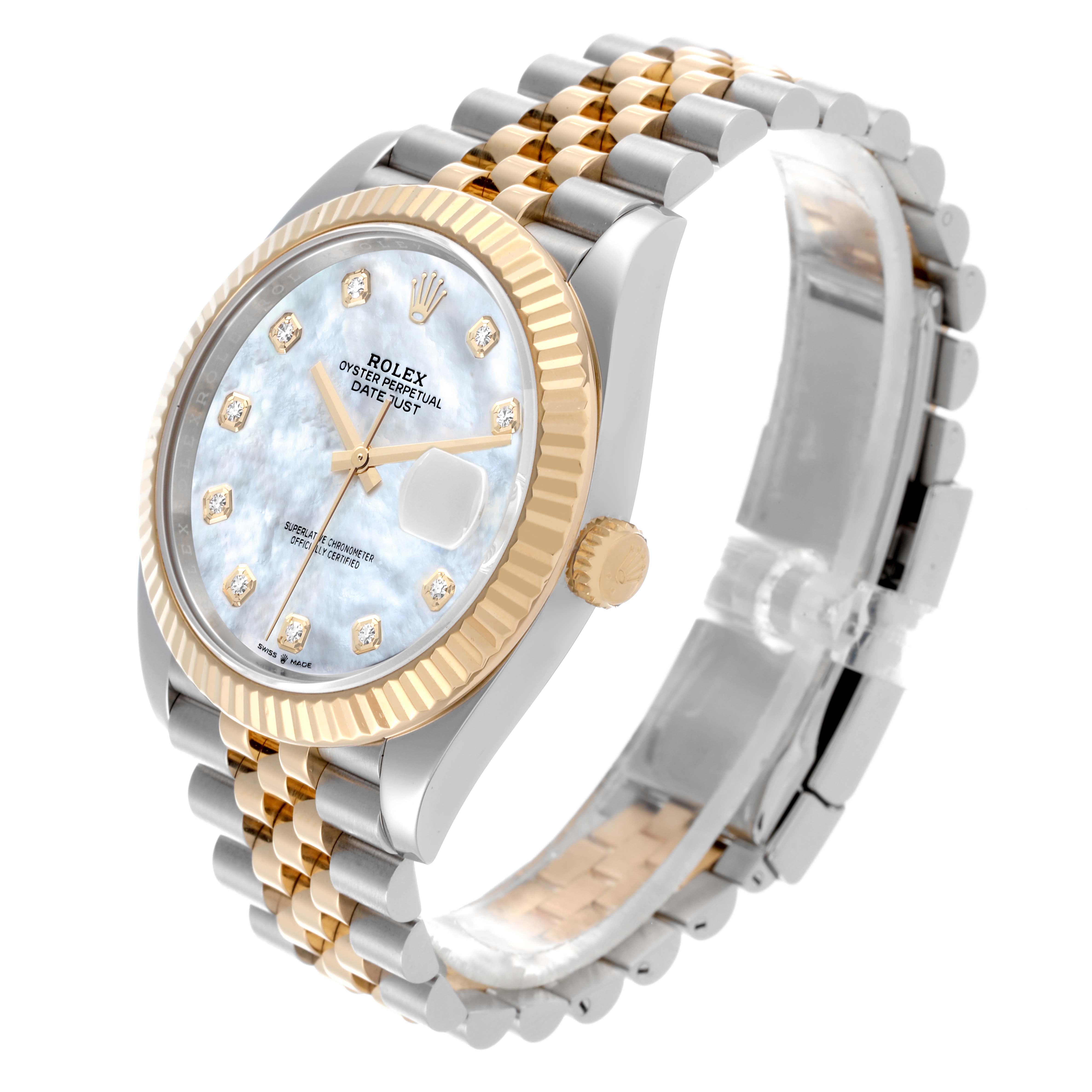 The Rolex Datejust 41 126333 Men's Steel and Gold (two tone) Mother of Pearl Dial 126333 Men's Steel and Gold (two tone) Mother of Pearl Dial is shown at an angled side view, highlighting the bezel, dial, crown, and jubilee bracelet.