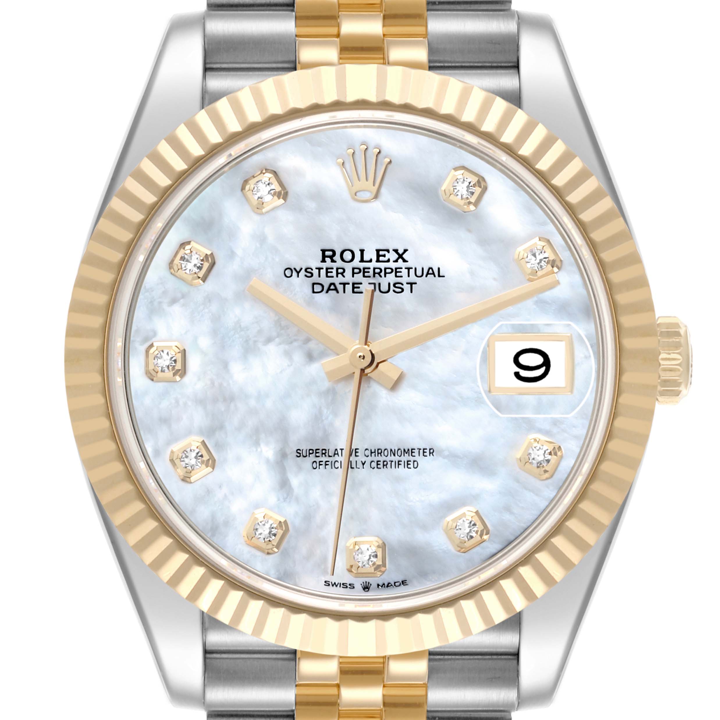 The Rolex Datejust 41 126333 Men's Steel and Gold (two tone) Mother of Pearl Dial 126333 Men's Steel and Gold (two tone) Mother of Pearl Dial watch is shown from a frontal angle, highlighting the dial, bezel, and part of the bracelet.