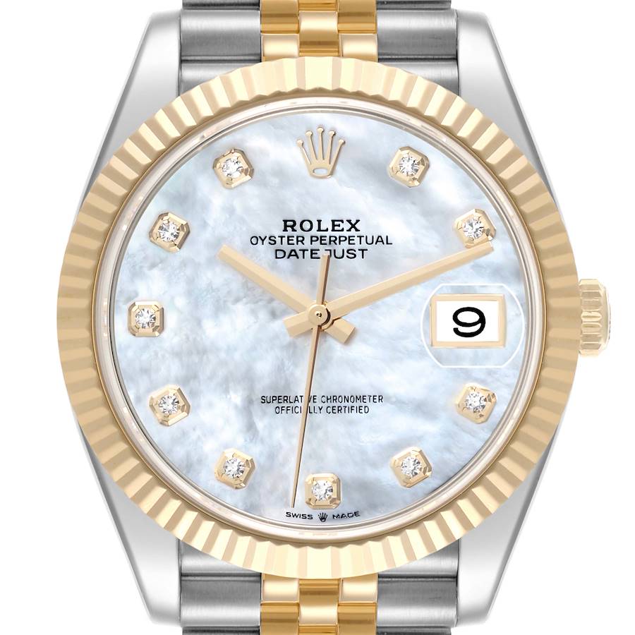 The Rolex Datejust 41 watch is shown from a frontal angle, highlighting the dial, bezel, and part of the bracelet.