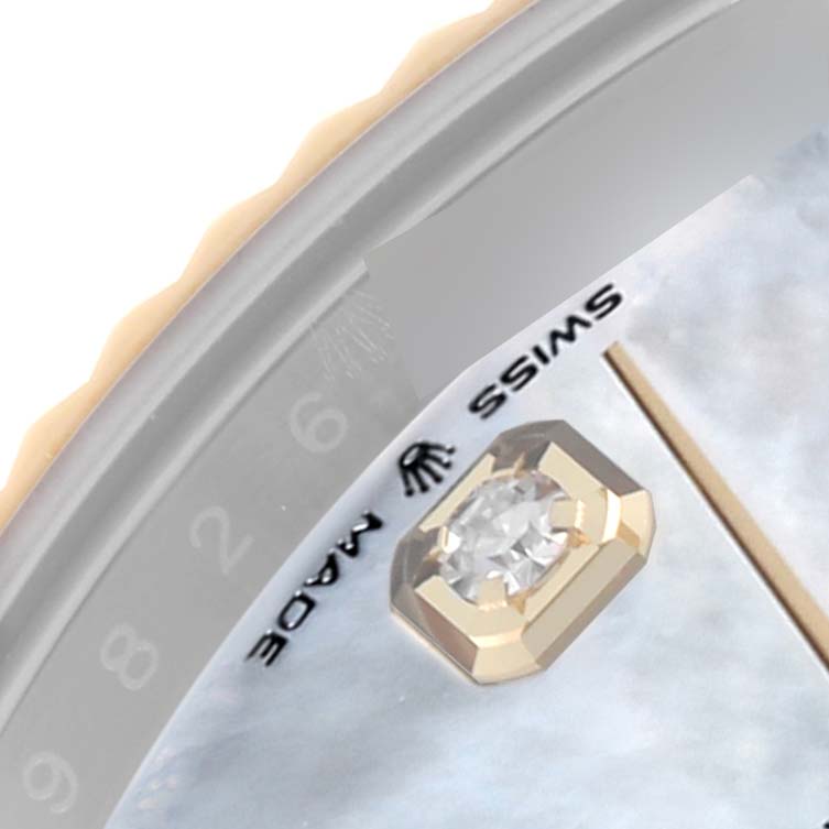 The Rolex Datejust 41 126333 Men's Steel and Gold (two tone) Mother of Pearl Dial 126333 Men's Steel and Gold (two tone) Mother of Pearl Dial is shown from a close-up angle, highlighting the dial details and part of the bezel.