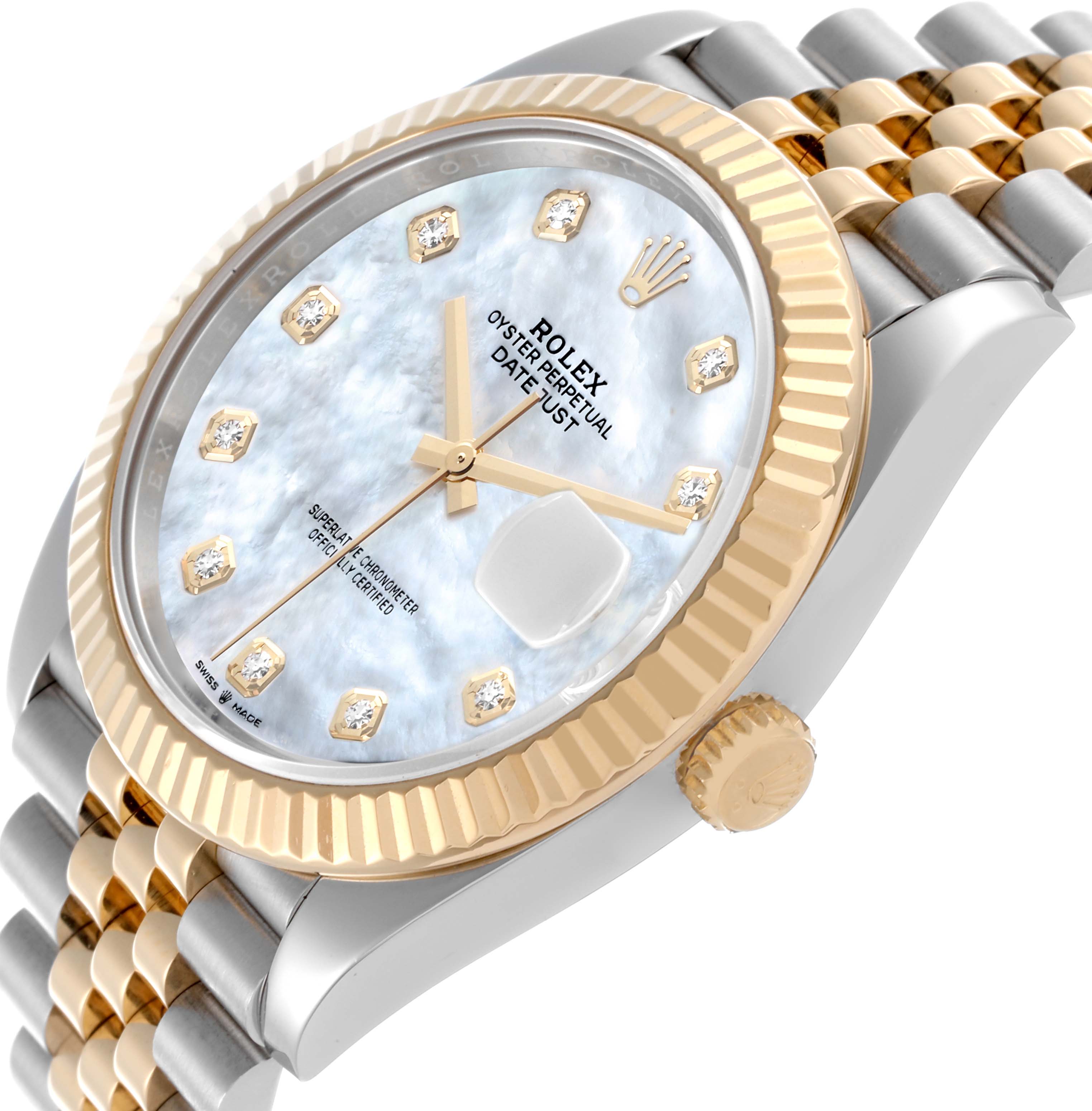 The Rolex Datejust 41 126333 Men's Steel and Gold (two tone) Mother of Pearl Dial 126333 Men's Steel and Gold (two tone) Mother of Pearl Dial is shown in a close-up angle highlighting the face, bezel, crown, and part of the bracelet.