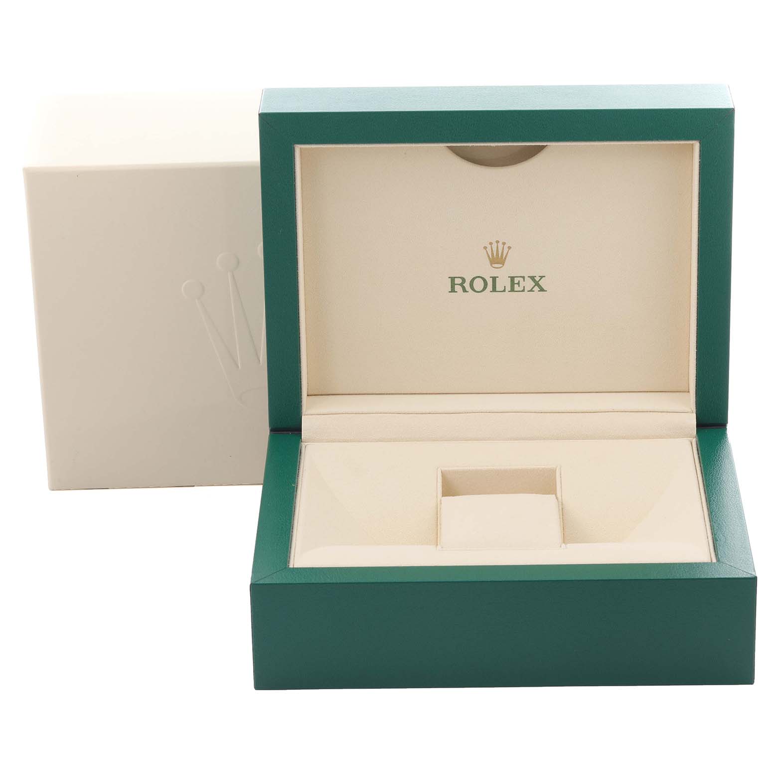 The image shows a Rolex Datejust 41 126333 Men's Steel and Gold (two tone) Mother of Pearl Dial 126333 Men's Steel and Gold (two tone) Mother of Pearl Dial model watch box from the front, with the interior exposed.