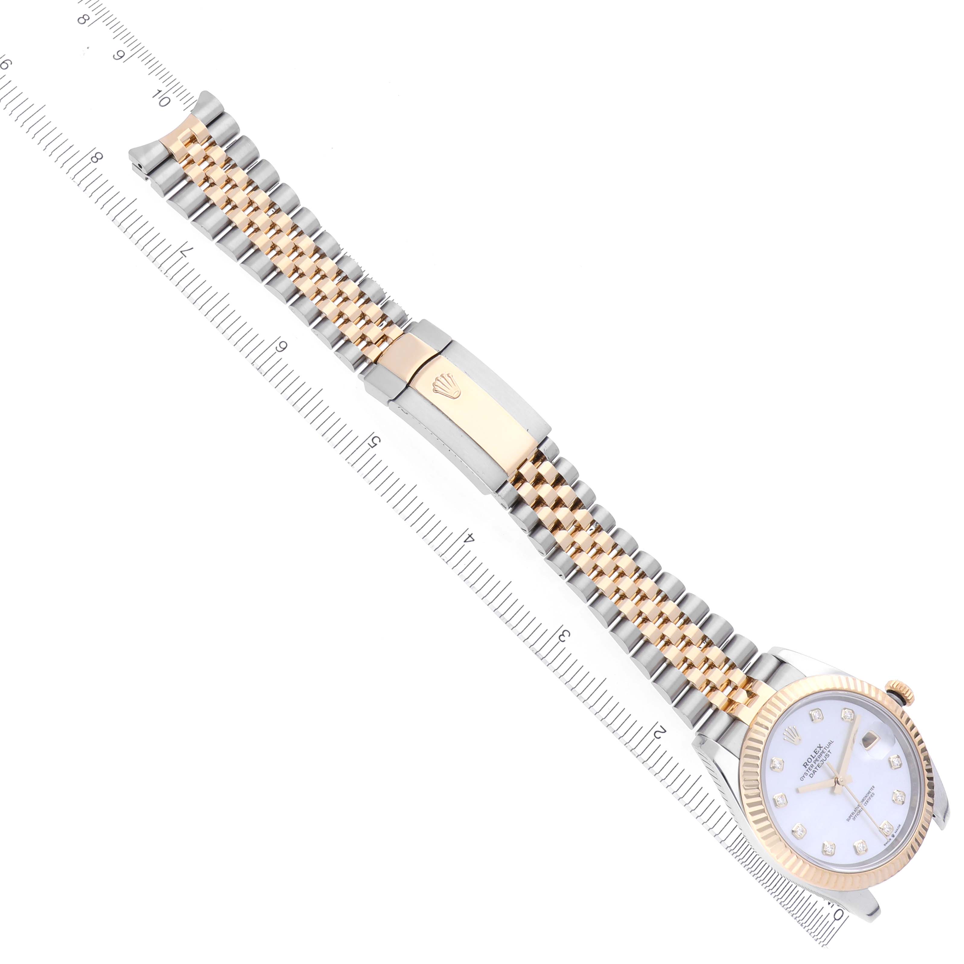 The Rolex Datejust 41 126333 Men's Steel and Gold (two tone) Mother of Pearl Dial 126333 Men's Steel and Gold (two tone) Mother of Pearl Dial watch is shown from the side, with a full view of the bracelet and a clasp featuring the Rolex logo.
