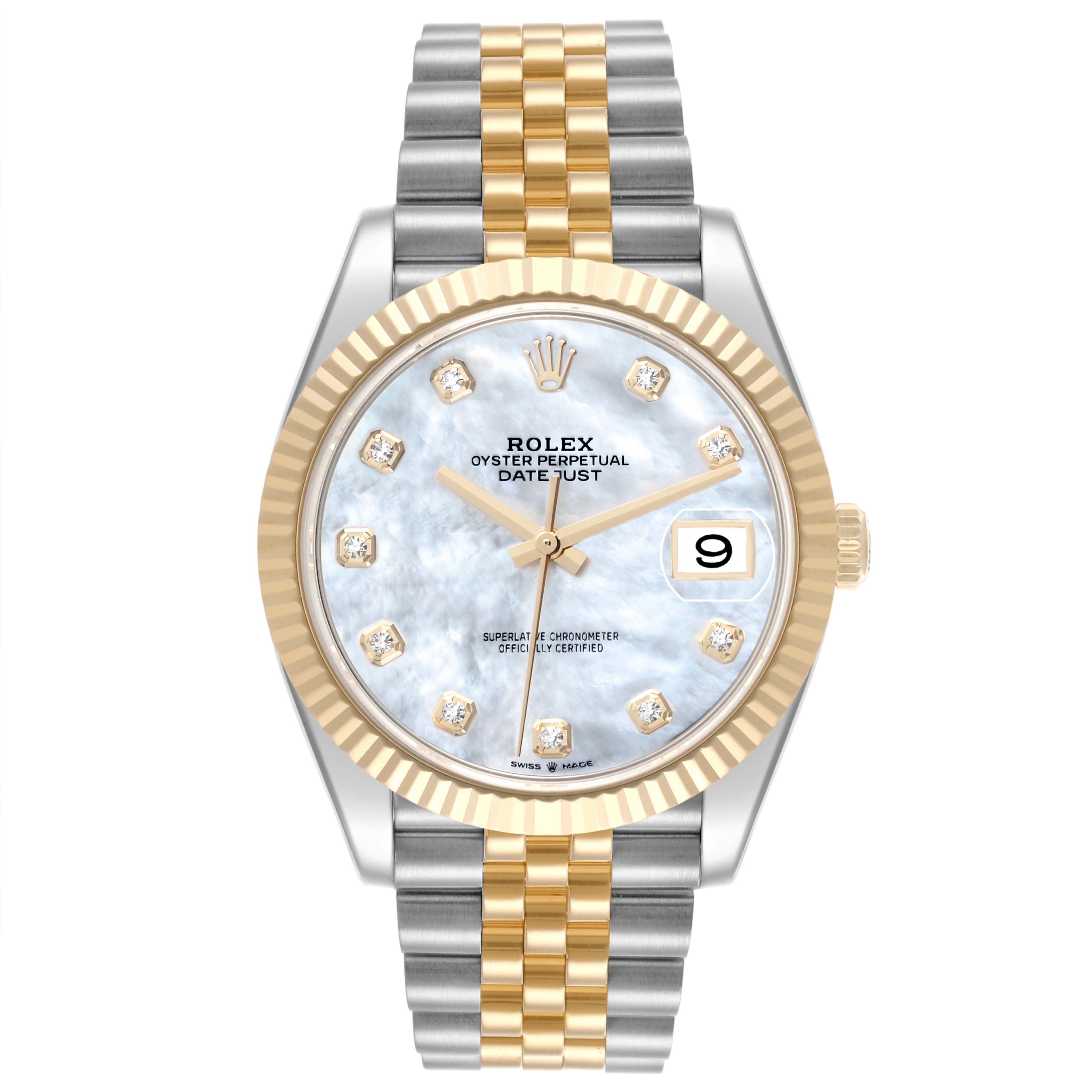 The Rolex Datejust 41 126333 Men's Steel and Gold (two tone) Mother of Pearl Dial 126333 Men's Steel and Gold (two tone) Mother of Pearl Dial watch is shown from the front, displaying the dial, two-tone bracelet, and fluted bezel.