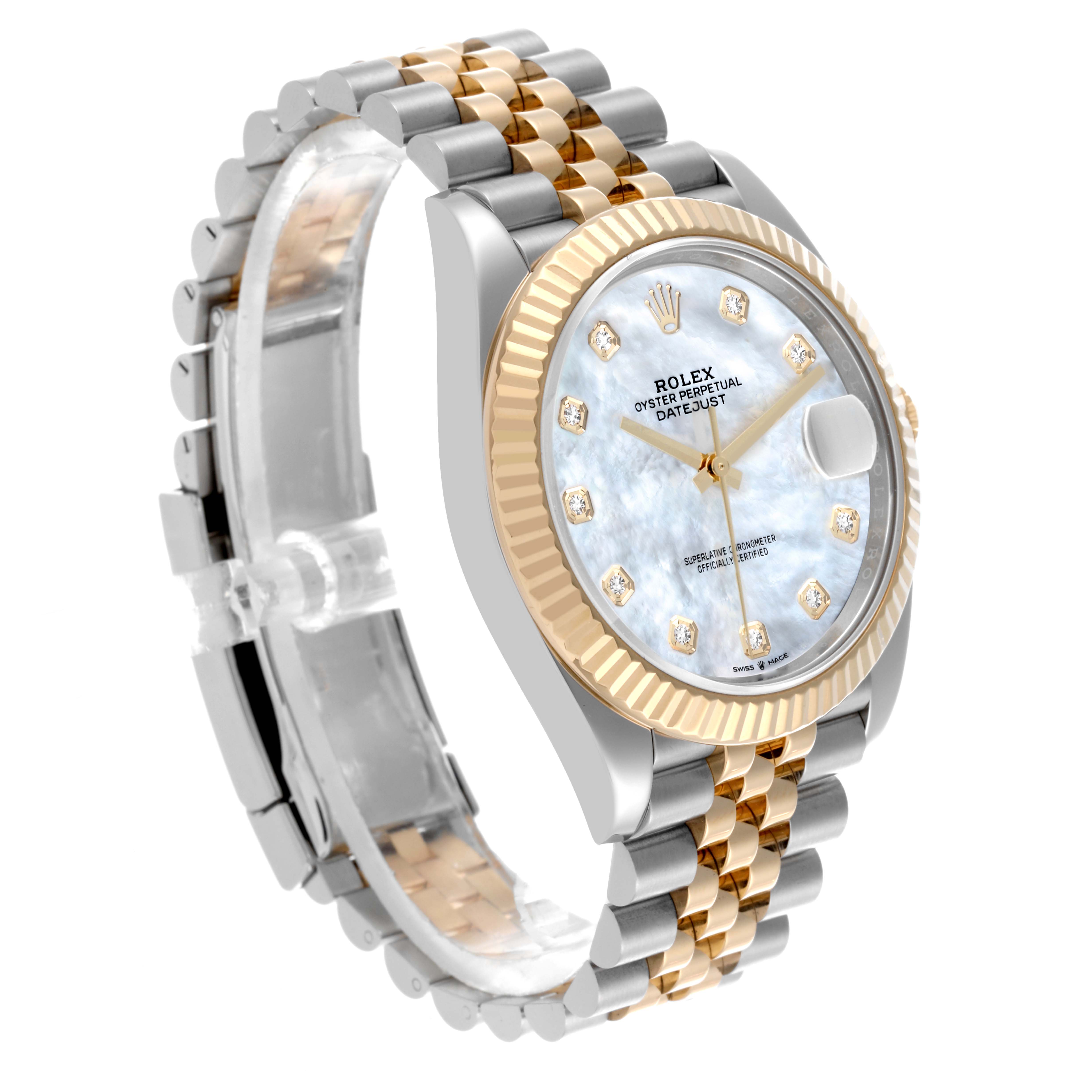The Rolex Datejust 41 126333 Men's Steel and Gold (two tone) Mother of Pearl Dial 126333 Men's Steel and Gold (two tone) Mother of Pearl Dial is shown at an angle highlighting the face, bezel, and two-tone bracelet.