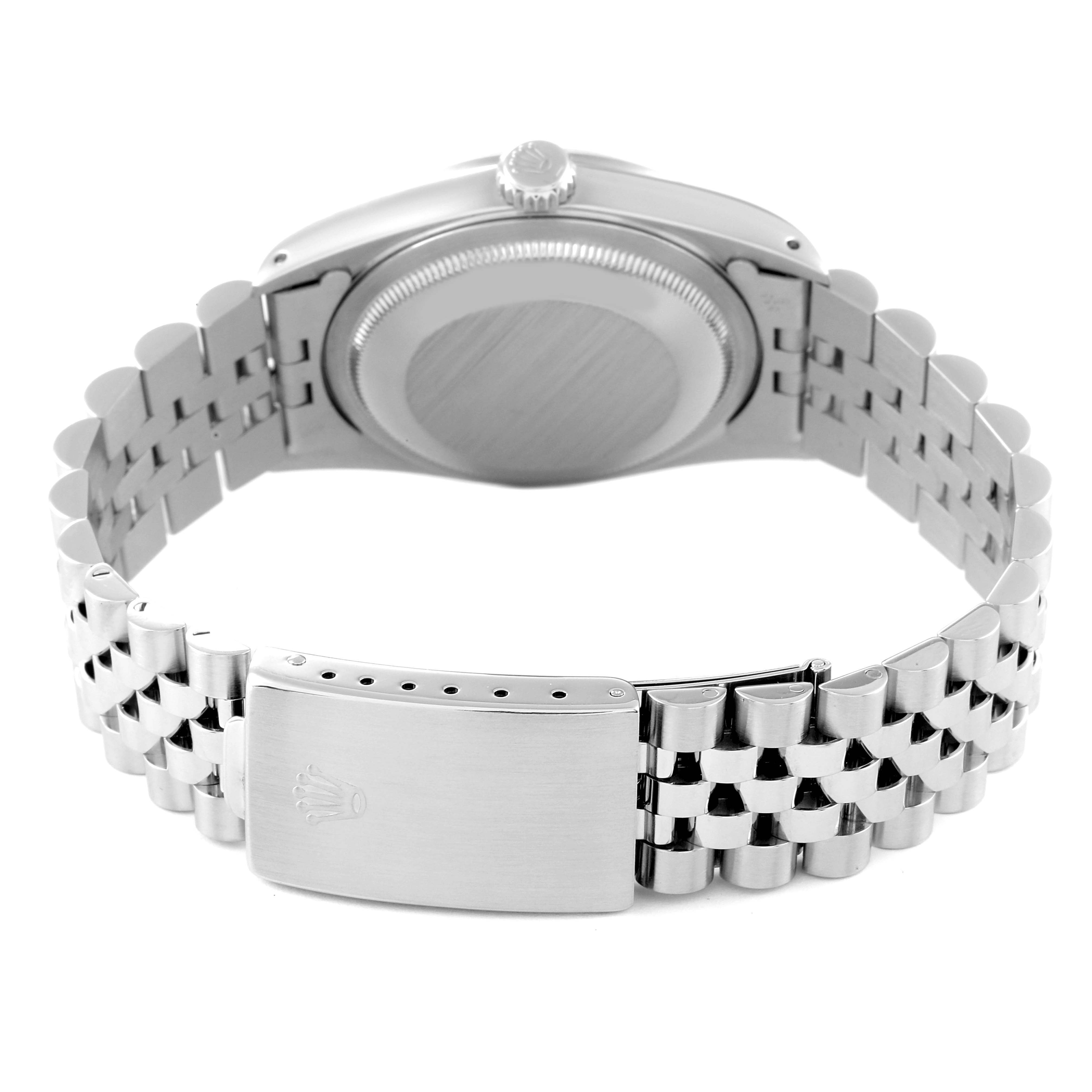 The image shows the back view and bracelet of a Rolex Datejust 16200 Men's Stainless Steel Blue Dial 16200 Men's Stainless Steel Blue Dial model, highlighting the clasp and caseback.