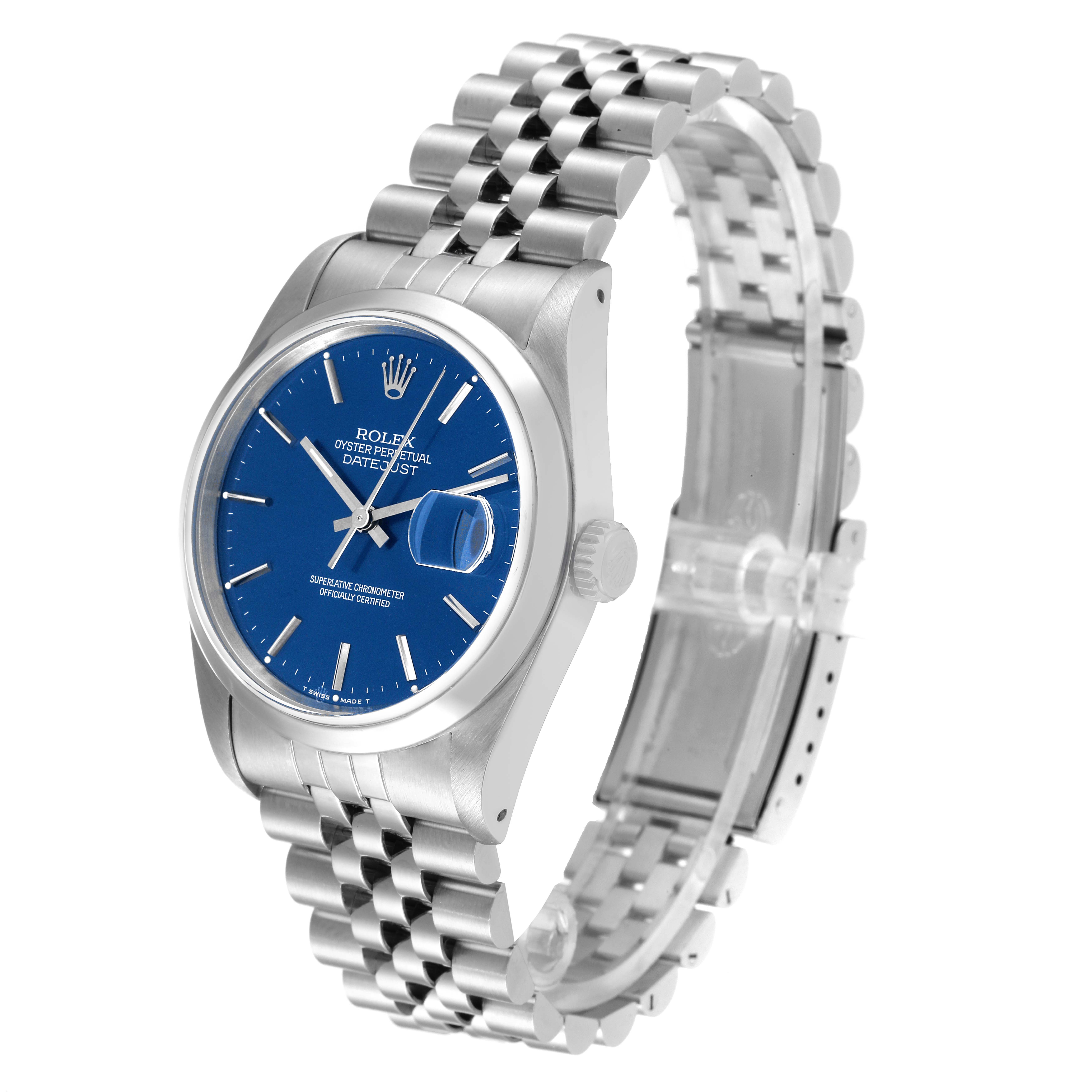 The Rolex Datejust 16200 Men's Stainless Steel Blue Dial 16200 Men's Stainless Steel Blue Dial watch is shown from an angled side view, highlighting the blue dial, case, crown, and jubilee bracelet.