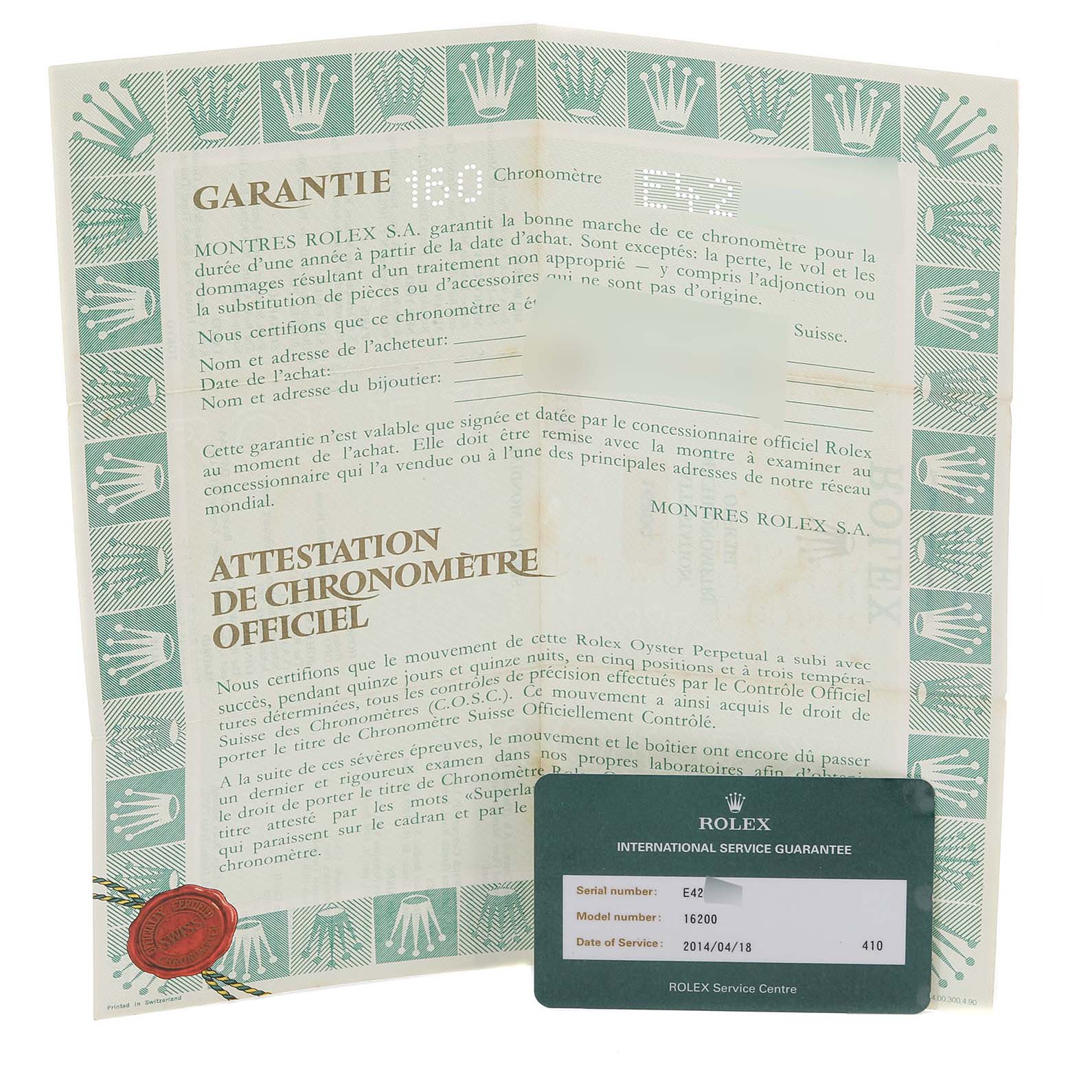 The image shows a Rolex Datejust 16200 Men's Stainless Steel Blue Dial 16200 Men's Stainless Steel Blue Dial model's warranty document and an international service guarantee card.