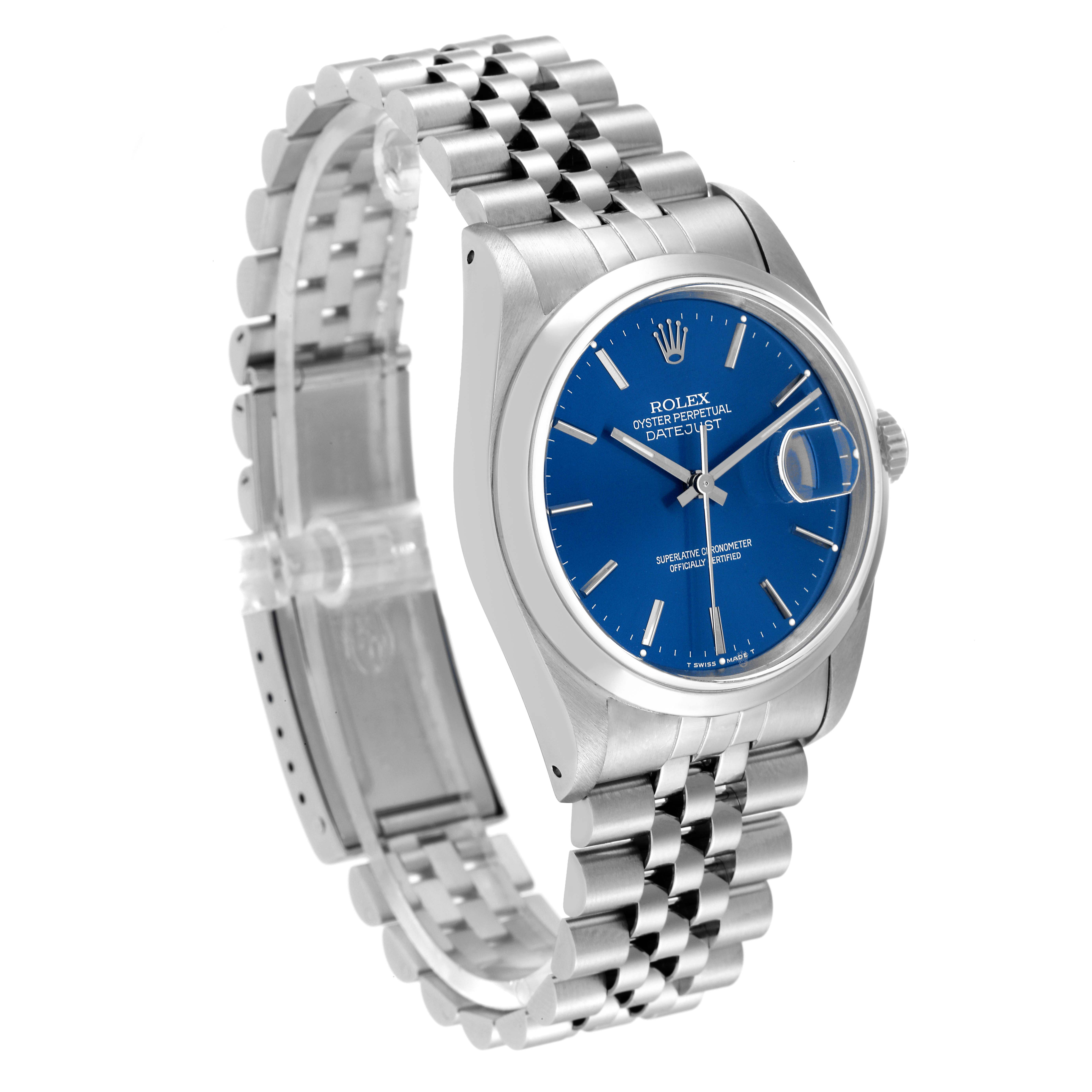 The Rolex Datejust 16200 Men's Stainless Steel Blue Dial 16200 Men's Stainless Steel Blue Dial watch is shown from a front-left angle, displaying its blue dial, stainless steel case, and jubilee bracelet.