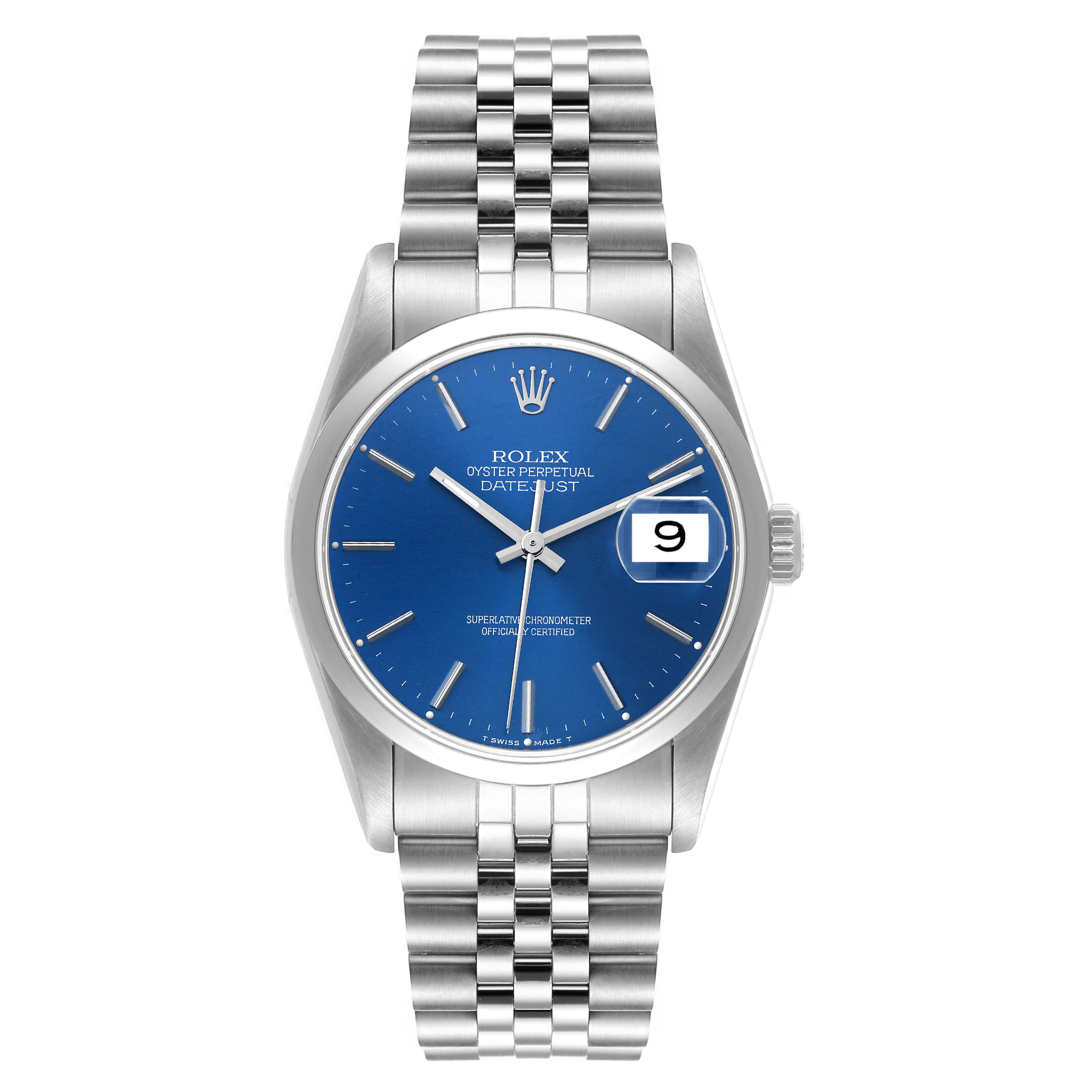 This image shows a Rolex Datejust 16200 Men's Stainless Steel Blue Dial 16200 Men's Stainless Steel Blue Dial watch from the front, highlighting the blue dial, date window, and Jubilee bracelet.
