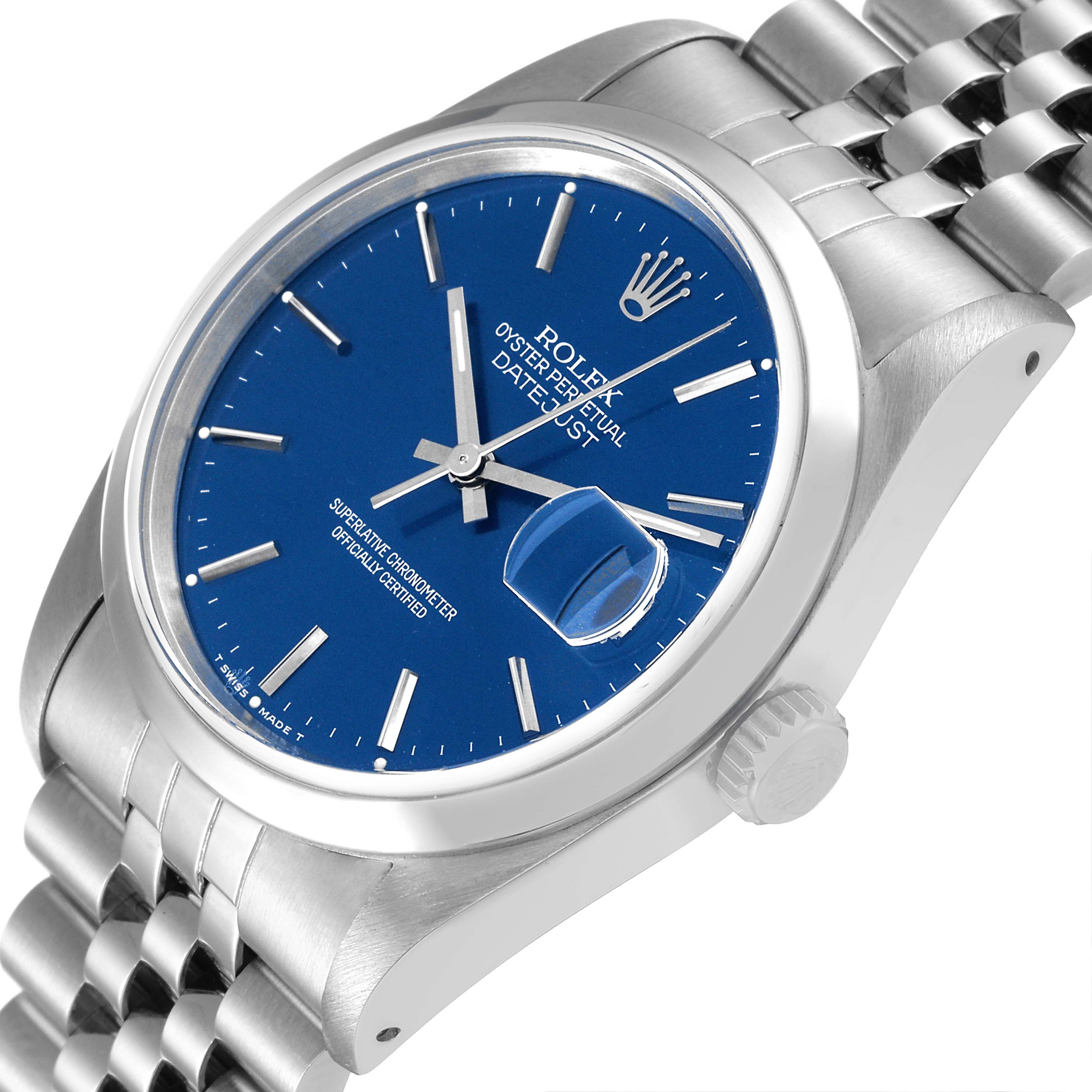 The image shows a Rolex Datejust 16200 Men's Stainless Steel Blue Dial 16200 Men's Stainless Steel Blue Dial watch from a slight angled top view, highlighting the blue dial, crown, and part of the bracelet.