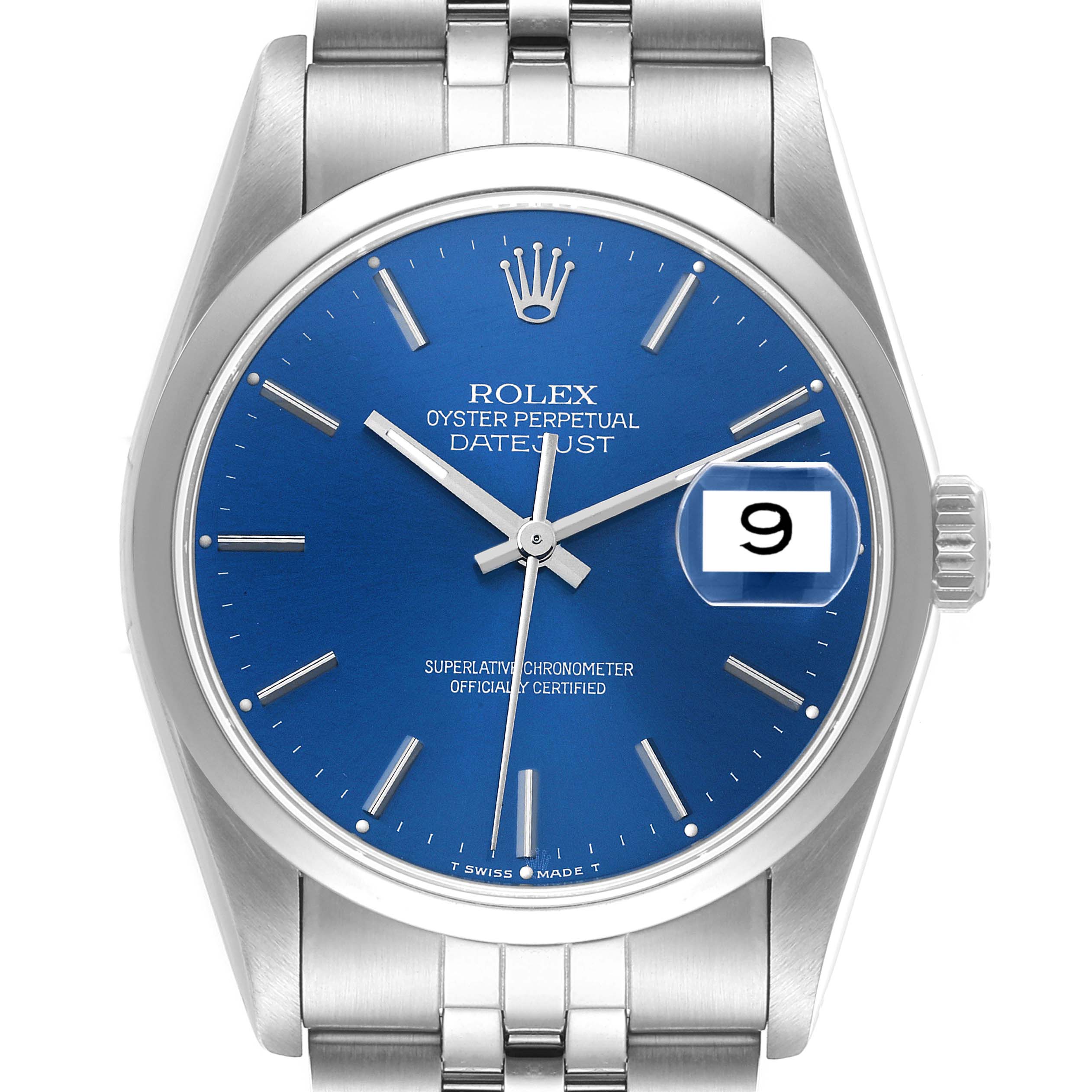 The image shows a front view of the Rolex Datejust 16200 Men's Stainless Steel Blue Dial 16200 Men's Stainless Steel Blue Dial watch, highlighting its blue dial, date window, and part of the bracelet.