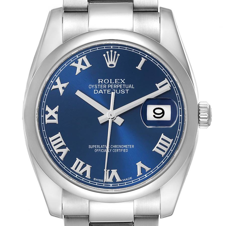 This Rolex Datejust watch is shown from the front, displaying the blue dial, Roman numerals, and date window.