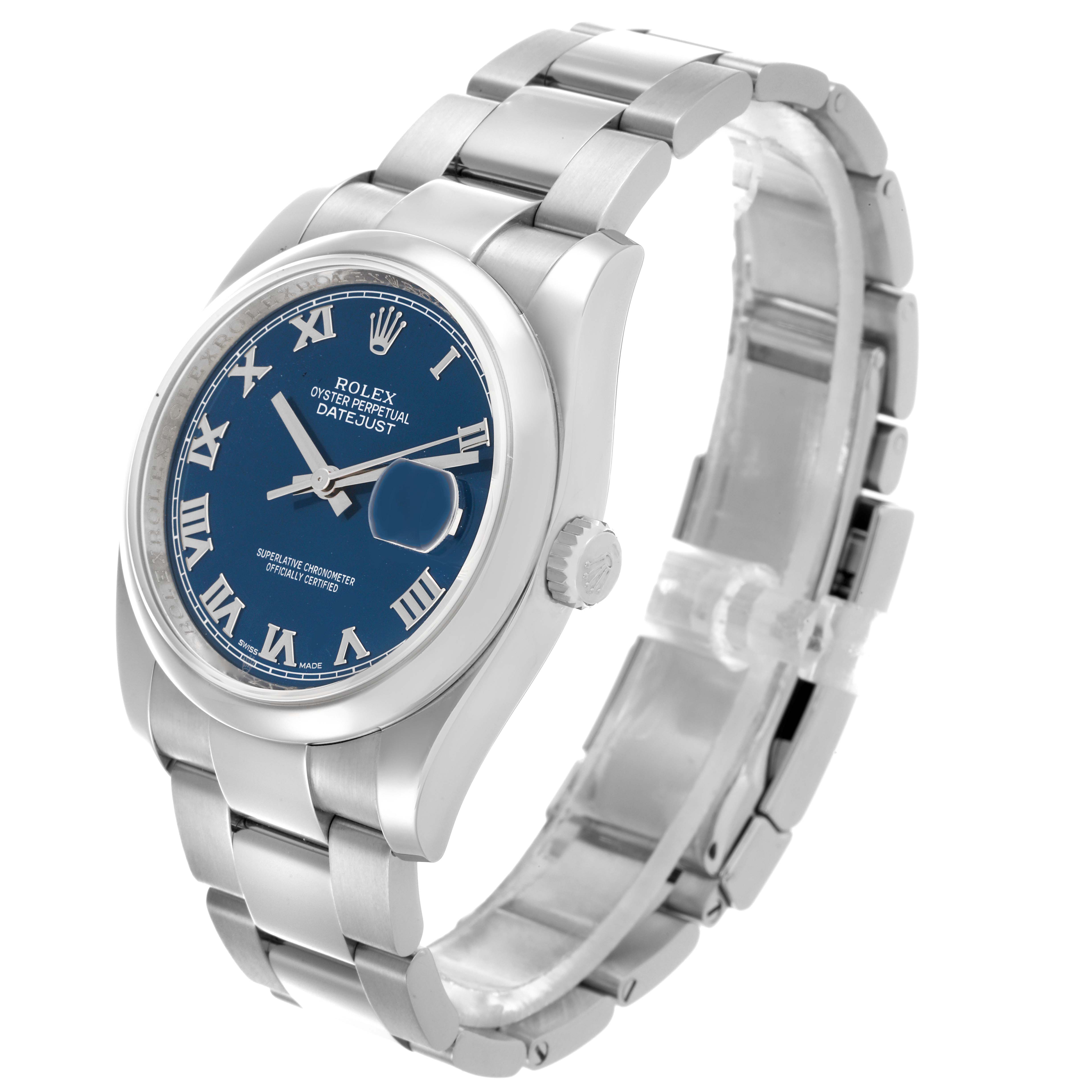 The Rolex Datejust 116200 Men
s Stainless Steel Blue Dial 116200 Men
s Stainless Steel Blue Dial watch is shown at a three-quarter angle, displaying the dial, case, and bracelet.