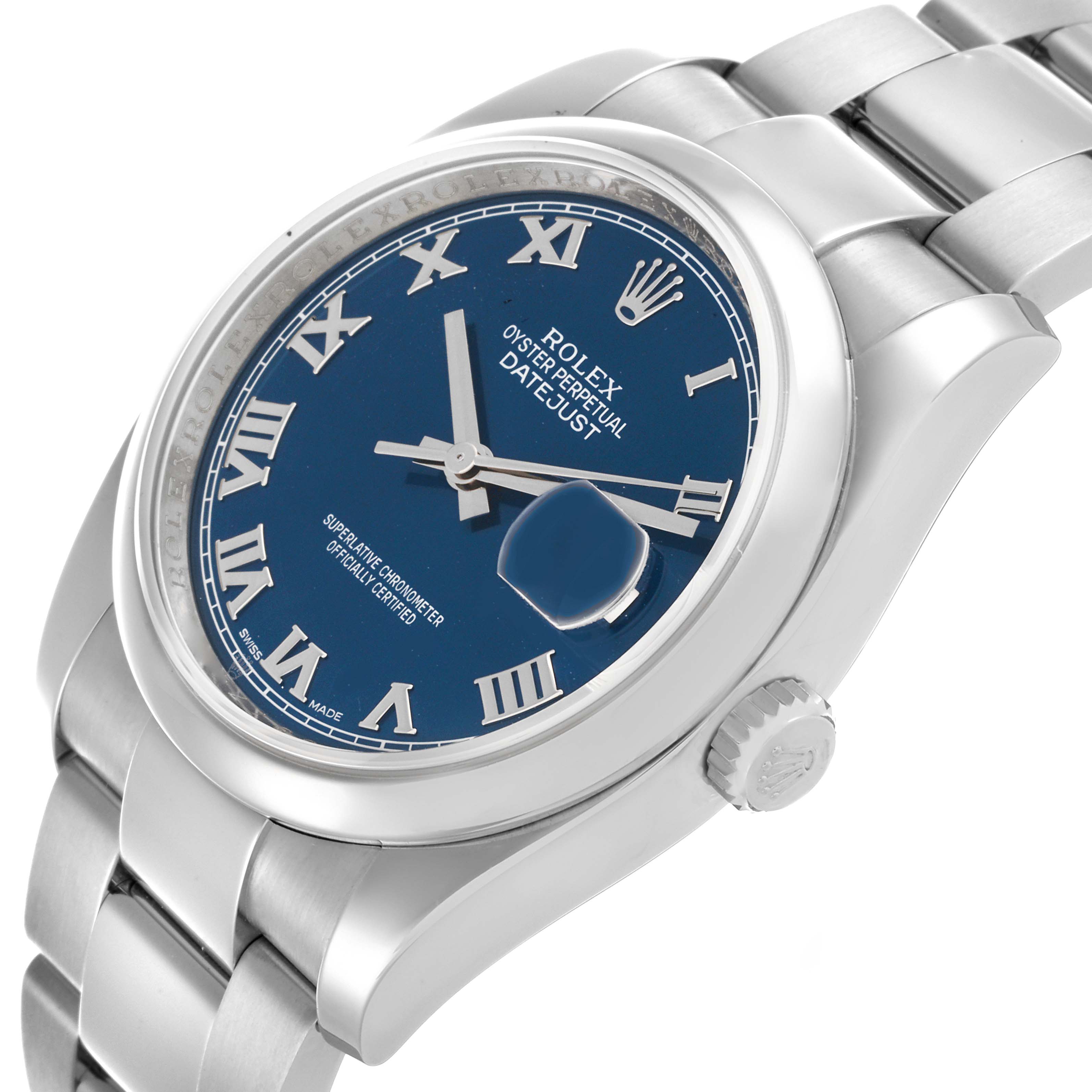 The Rolex Datejust 116200 Men
s Stainless Steel Blue Dial 116200 Men
s Stainless Steel Blue Dial watch is shown at a slight angle displaying the face, bracelet, and crown.