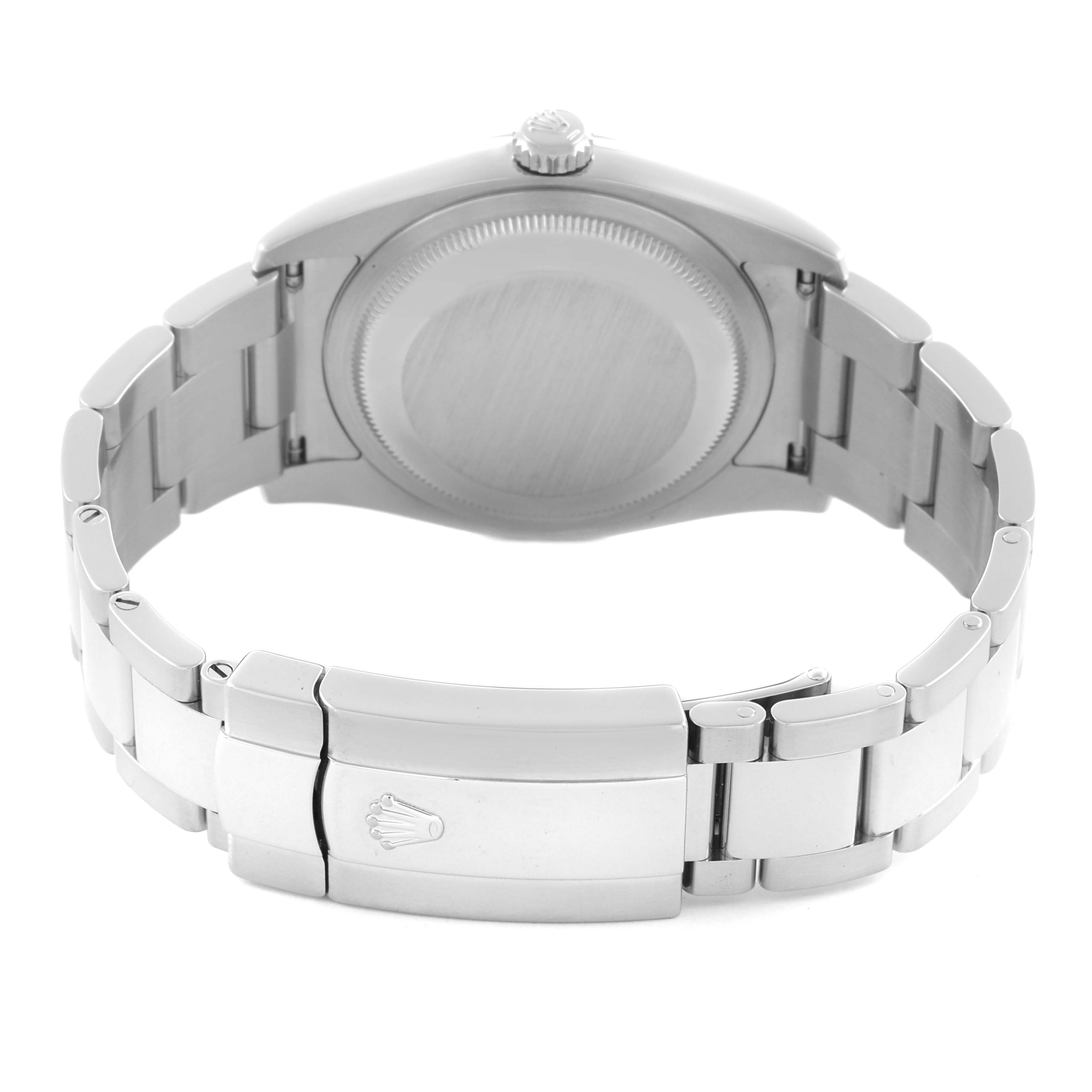 The image shows the back case and bracelet clasp of a Rolex Datejust 116200 Men
s Stainless Steel Blue Dial 116200 Men
s Stainless Steel Blue Dial watch from a rear angle.