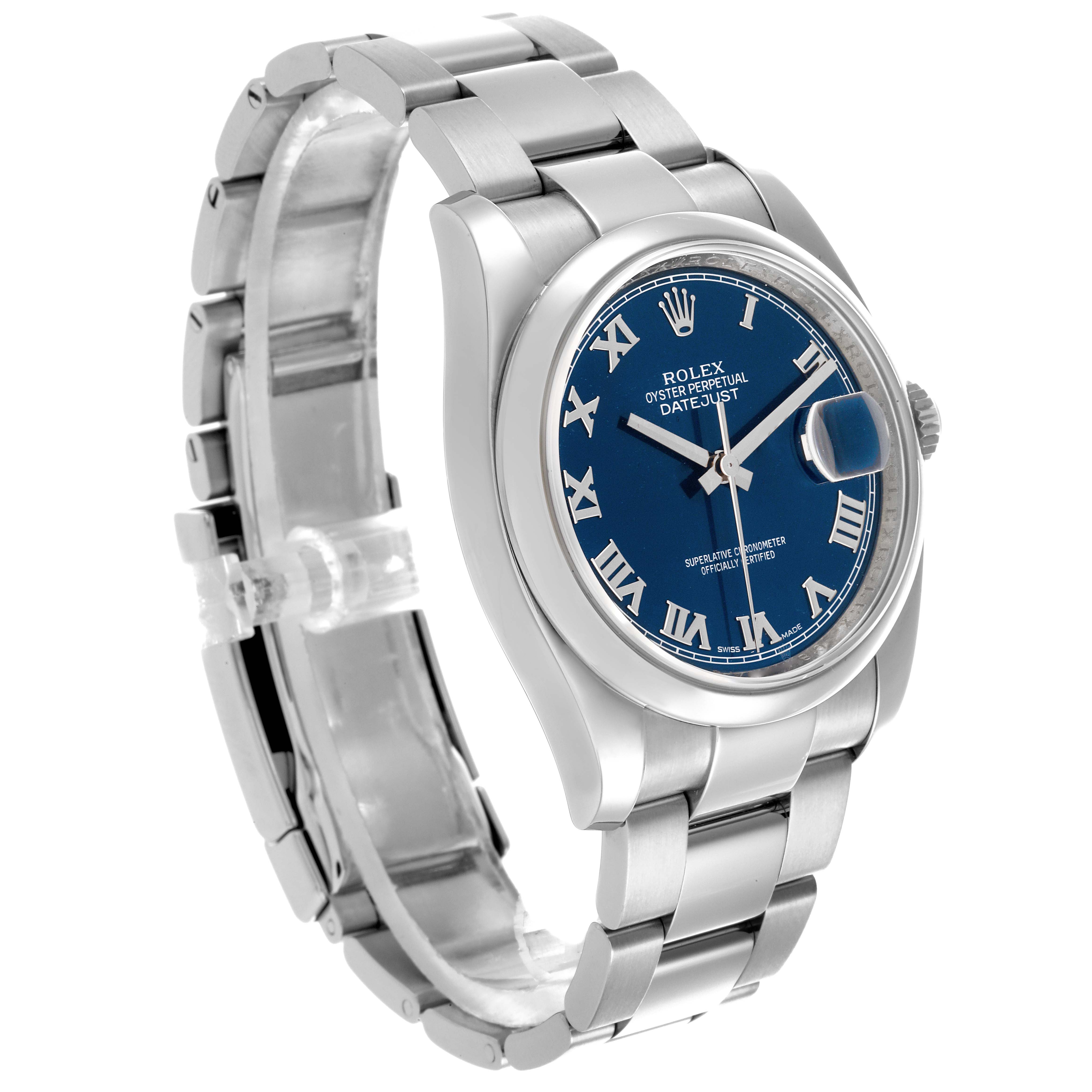 The Rolex Datejust 116200 Men
s Stainless Steel Blue Dial 116200 Men
s Stainless Steel Blue Dial watch is shown at a three-quarter angle, displaying the face, case, and bracelet.