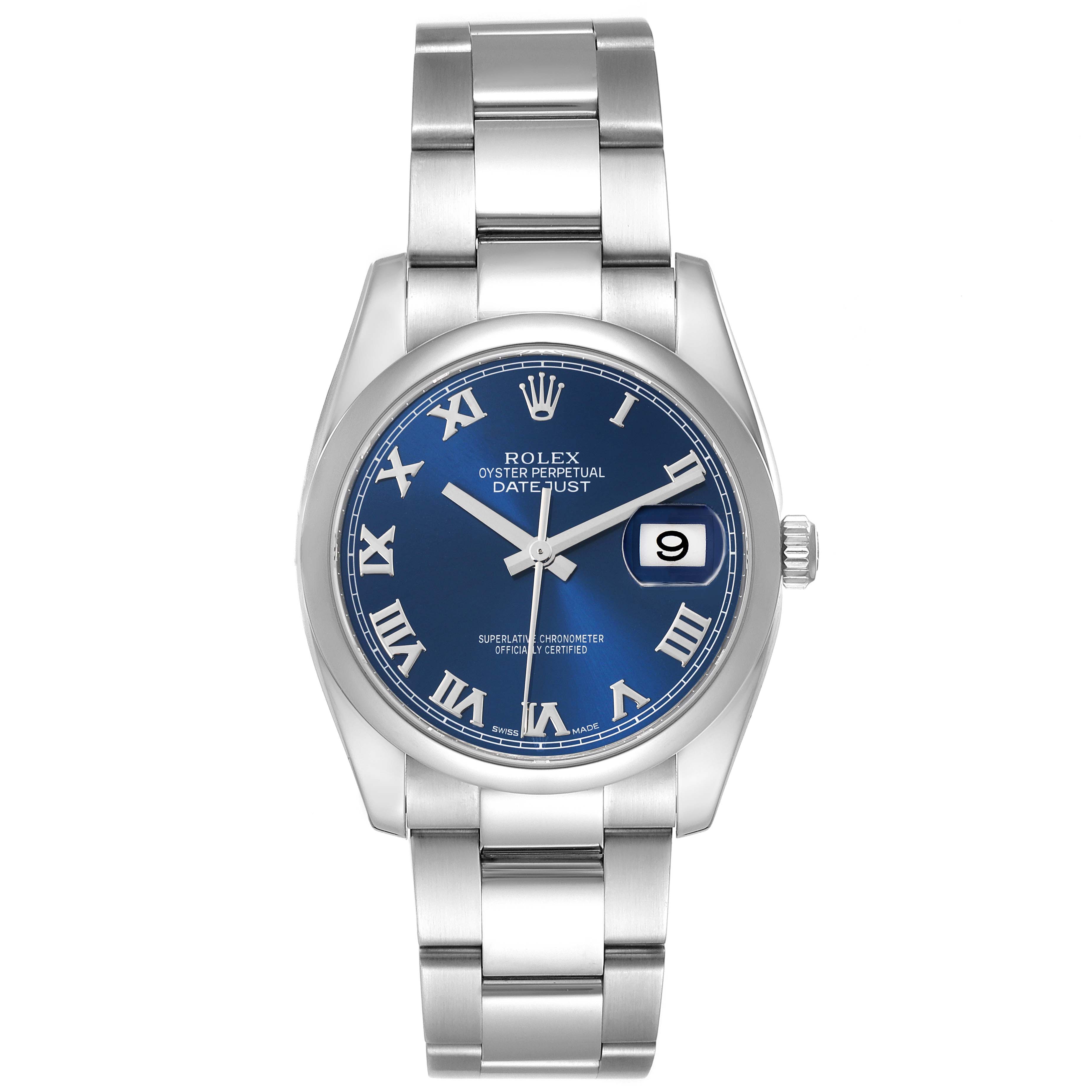 The Rolex Datejust 116200 Men
s Stainless Steel Blue Dial 116200 Men
s Stainless Steel Blue Dial watch is shown from a front angle, displaying the face, bracelet, and crown.