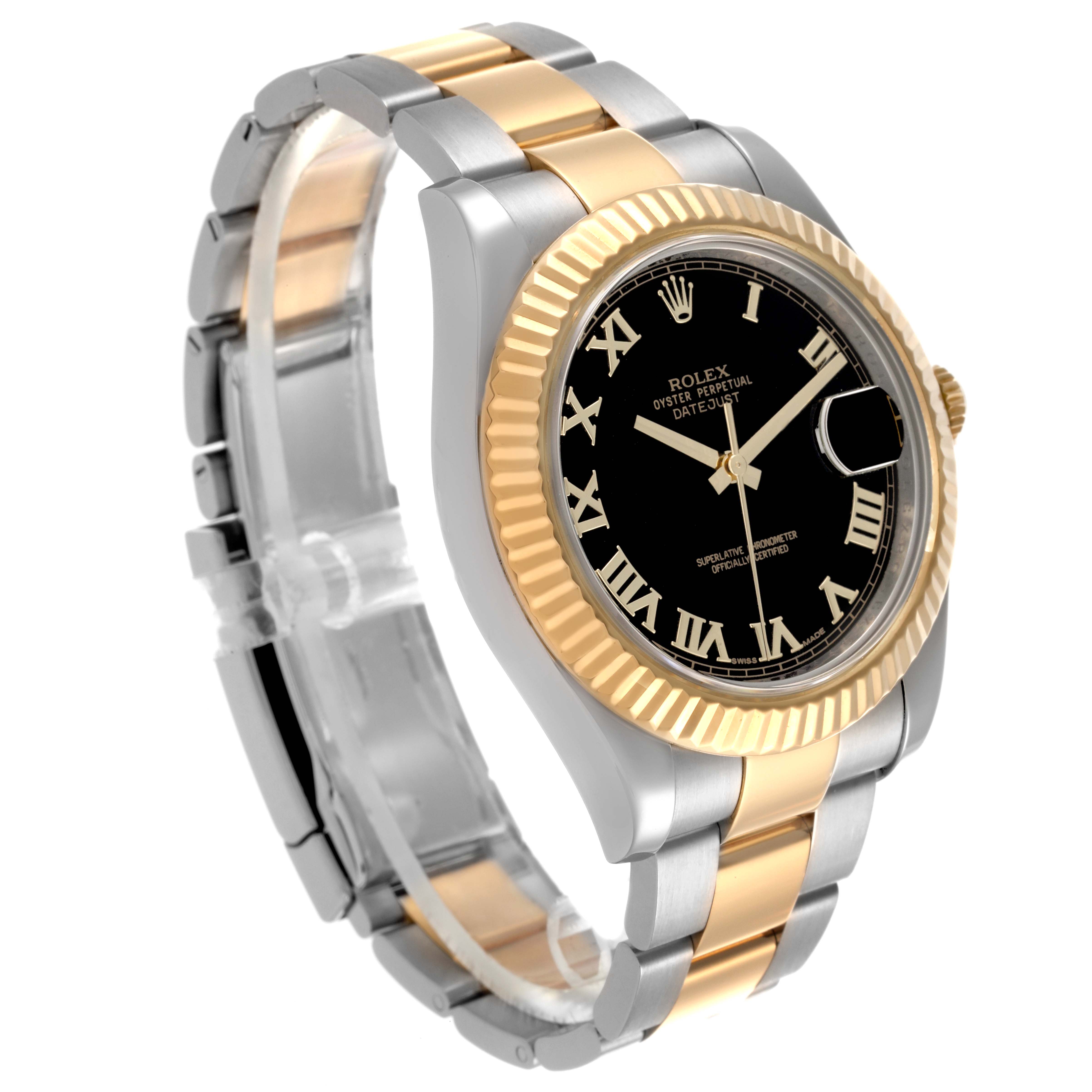 The image shows the Rolex Datejust 41 116333 Men's Steel and Gold (two tone) Black Dial 116333 Men's Steel and Gold (two tone) Black Dial at a three-quarter angle, highlighting the gold fluted bezel and two-tone bracelet.