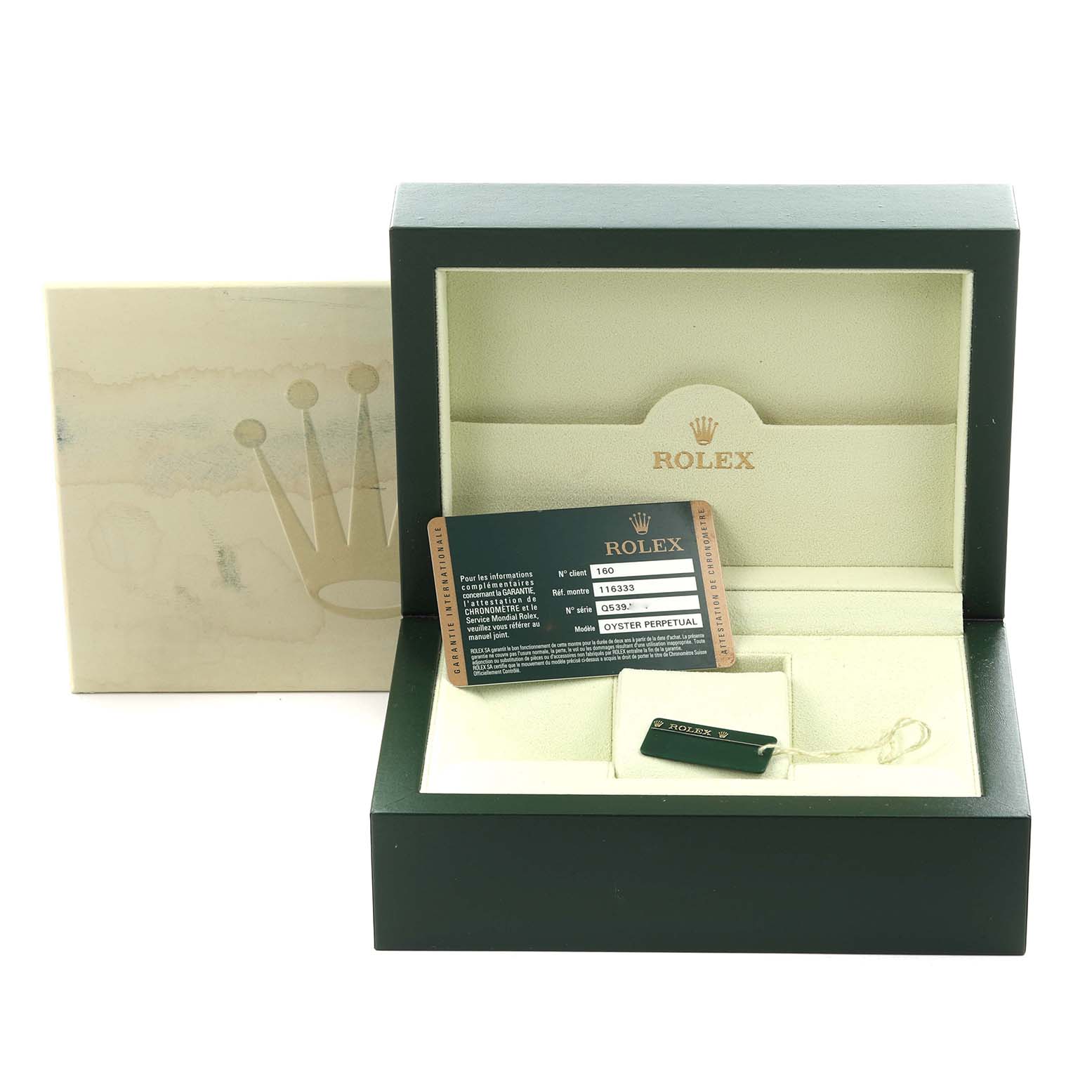 The image shows a Rolex Datejust 41 116333 Men's Steel and Gold (two tone) Black Dial 116333 Men's Steel and Gold (two tone) Black Dial box with a warranty card and tag inside.