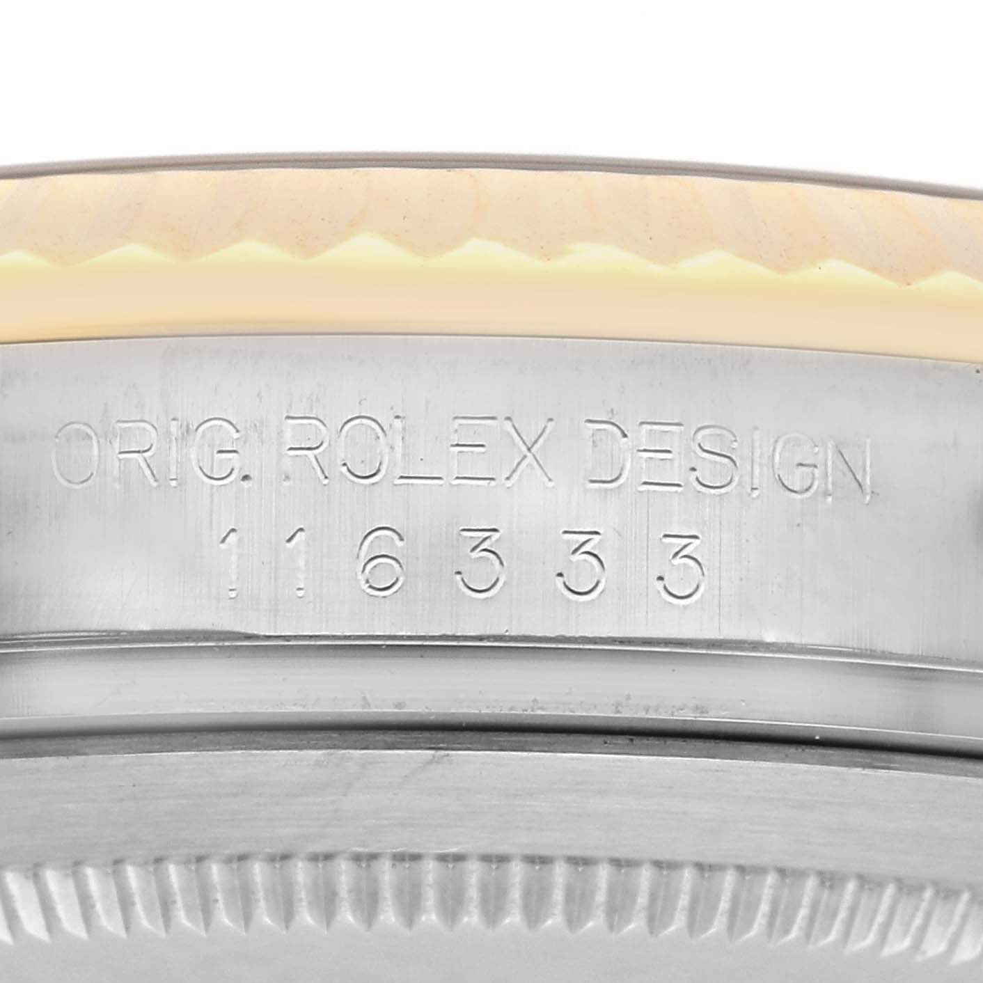 The image shows a close-up of the side of a Rolex Datejust 41 116333 Men's Steel and Gold (two tone) Black Dial 116333 Men's Steel and Gold (two tone) Black Dial, highlighting the engraved serial number.