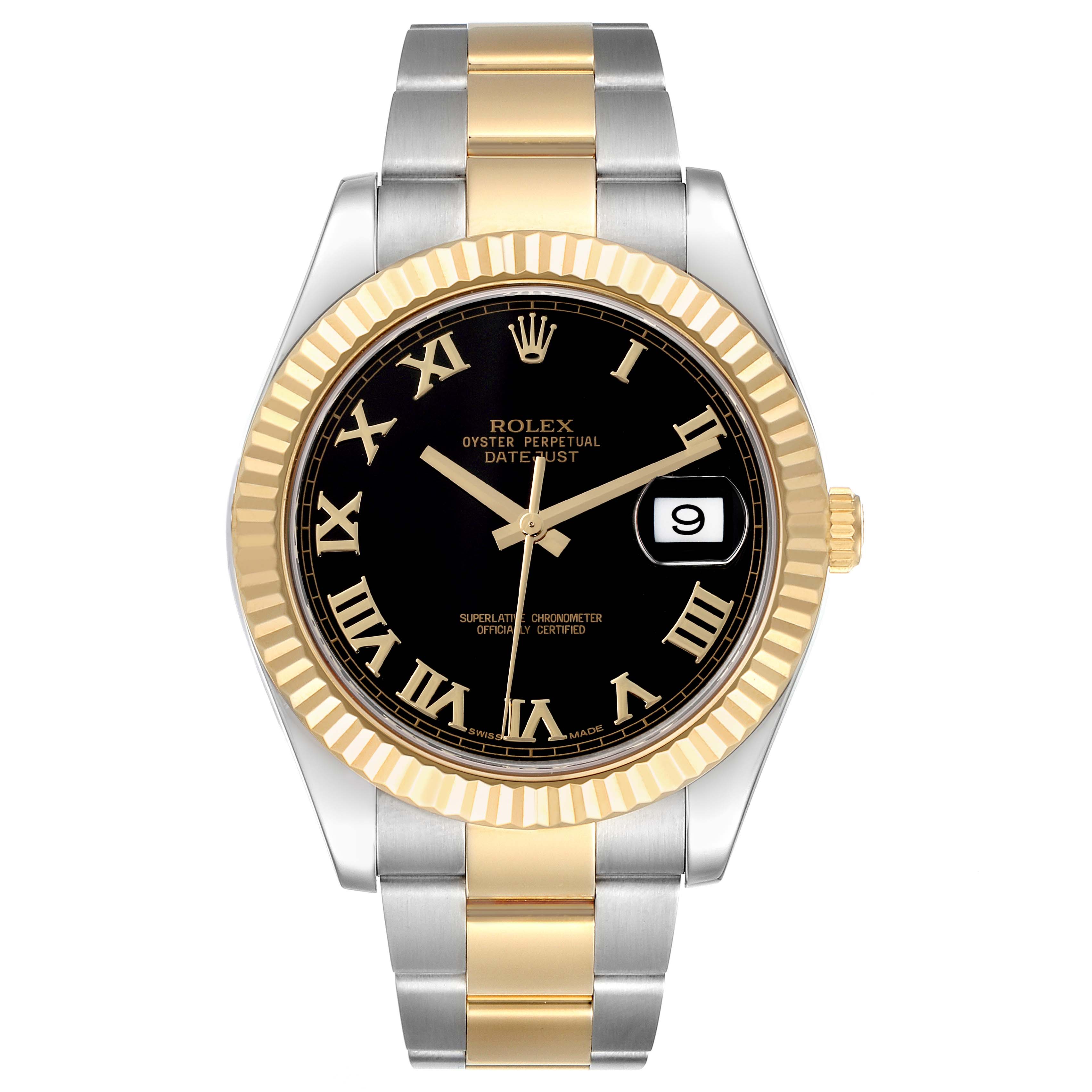 The Rolex Datejust 41 116333 Men's Steel and Gold (two tone) Black Dial 116333 Men's Steel and Gold (two tone) Black Dial is shown from the front, highlighting its black dial, gold bezel, and two-tone bracelet.