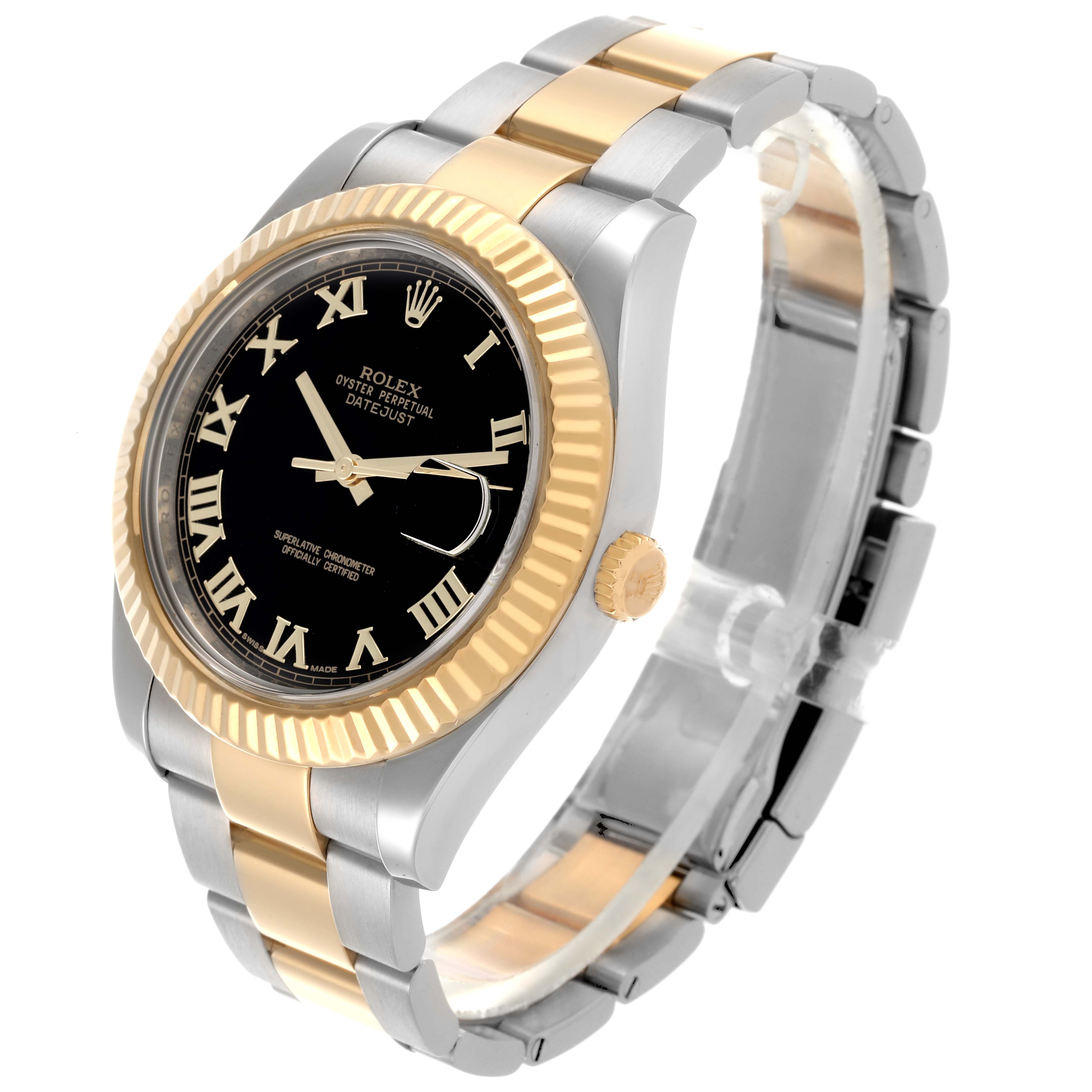 The Rolex Datejust 41 116333 Men's Steel and Gold (two tone) Black Dial 116333 Men's Steel and Gold (two tone) Black Dial is shown at a three-quarter angle, highlighting the dial, fluted bezel, and two-tone bracelet.