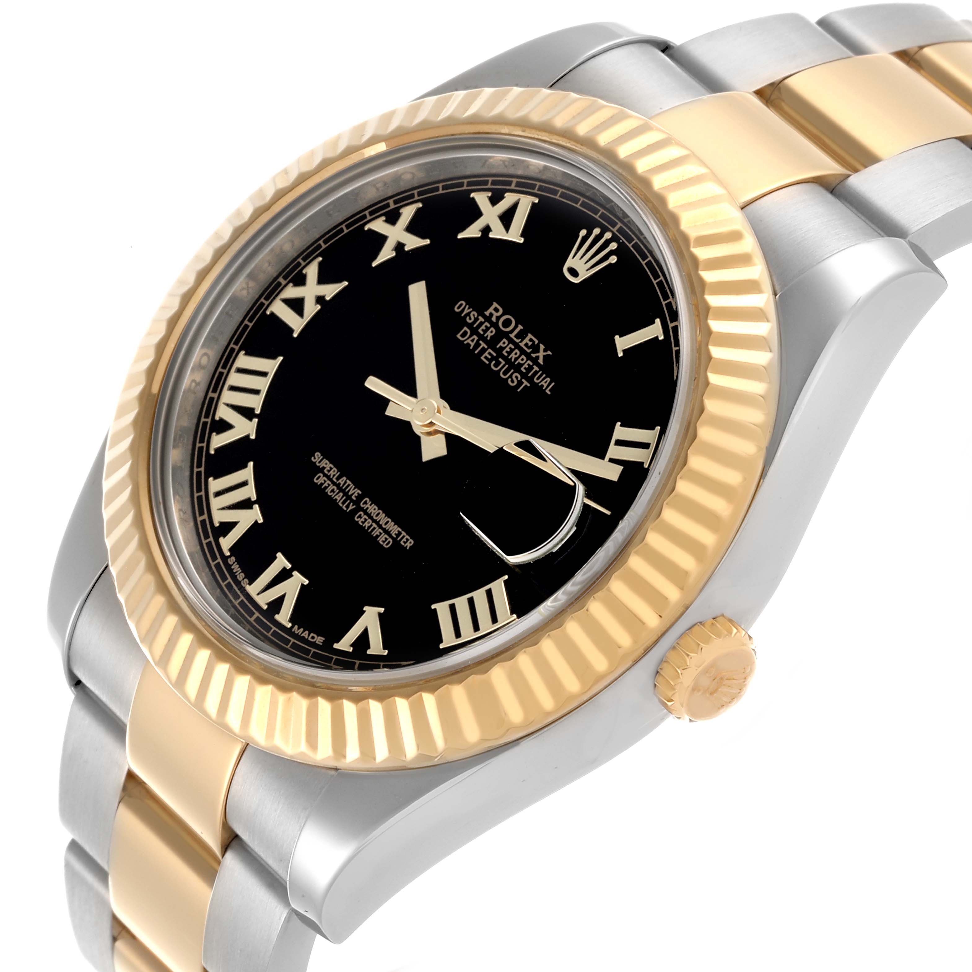 The Rolex Datejust 41 116333 Men's Steel and Gold (two tone) Black Dial 116333 Men's Steel and Gold (two tone) Black Dial watch is shown at a slight angle, highlighting the dial, bezel, crown, and bracelet.