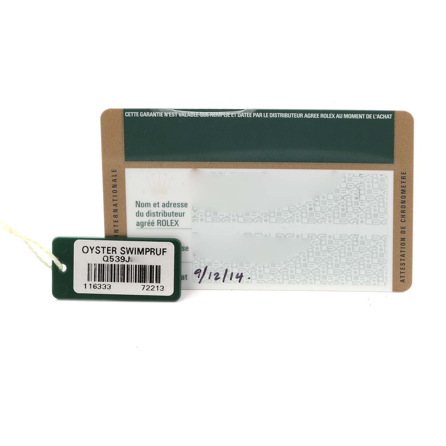 The image shows a warranty card and tag for a Rolex Datejust 41 116333 Men's Steel and Gold (two tone) Black Dial 116333 Men's Steel and Gold (two tone) Black Dial, featuring a "Oyster Swimpruf" label.