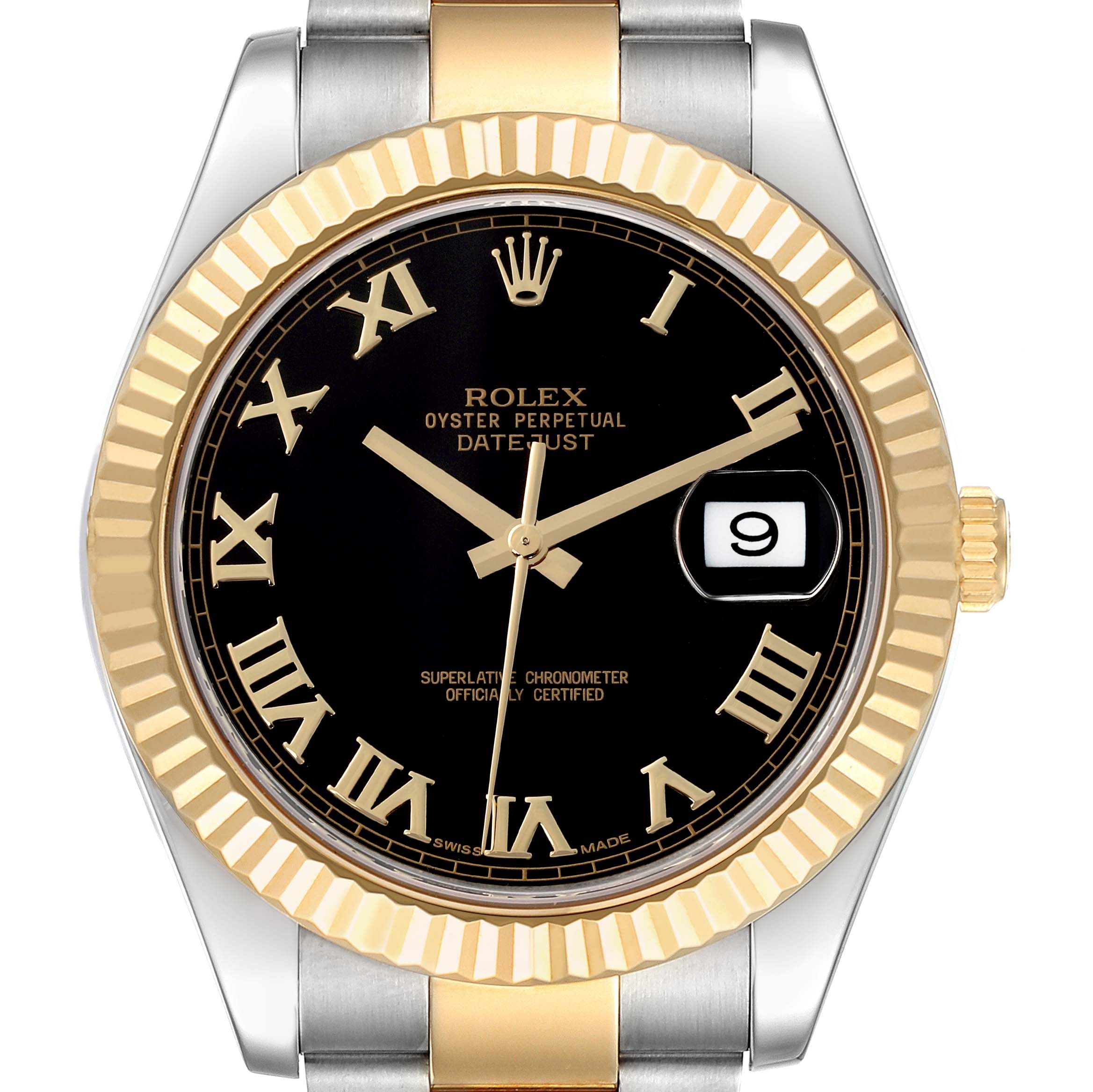 This is a front view of the Rolex Datejust 41 116333 Men's Steel and Gold (two tone) Black Dial 116333 Men's Steel and Gold (two tone) Black Dial, showcasing the dial, bezel, and part of the bracelet.