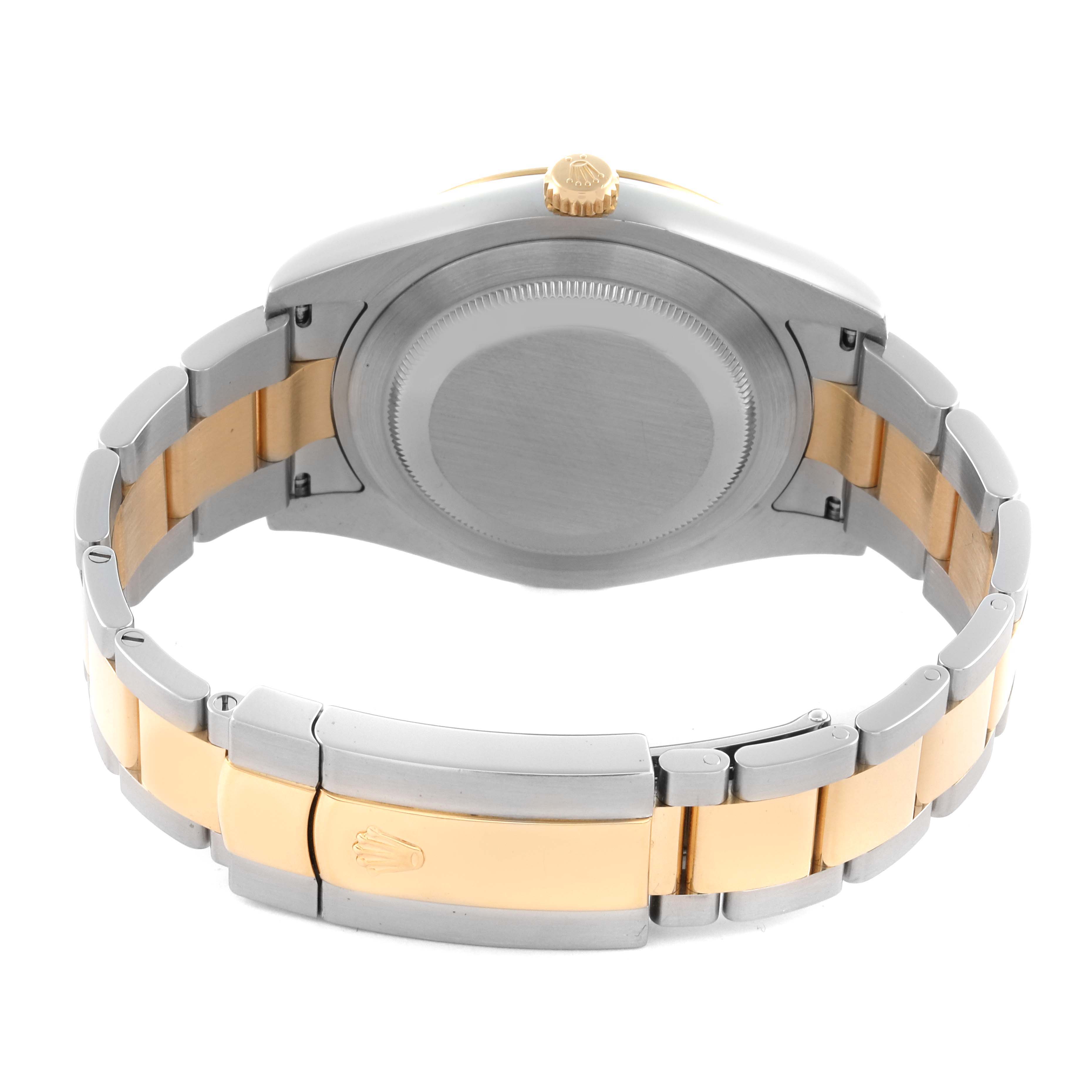 The Rolex Datejust 41 116333 Men's Steel and Gold (two tone) Black Dial 116333 Men's Steel and Gold (two tone) Black Dial is shown from the back, highlighting the case, crown, and two-tone bracelet.