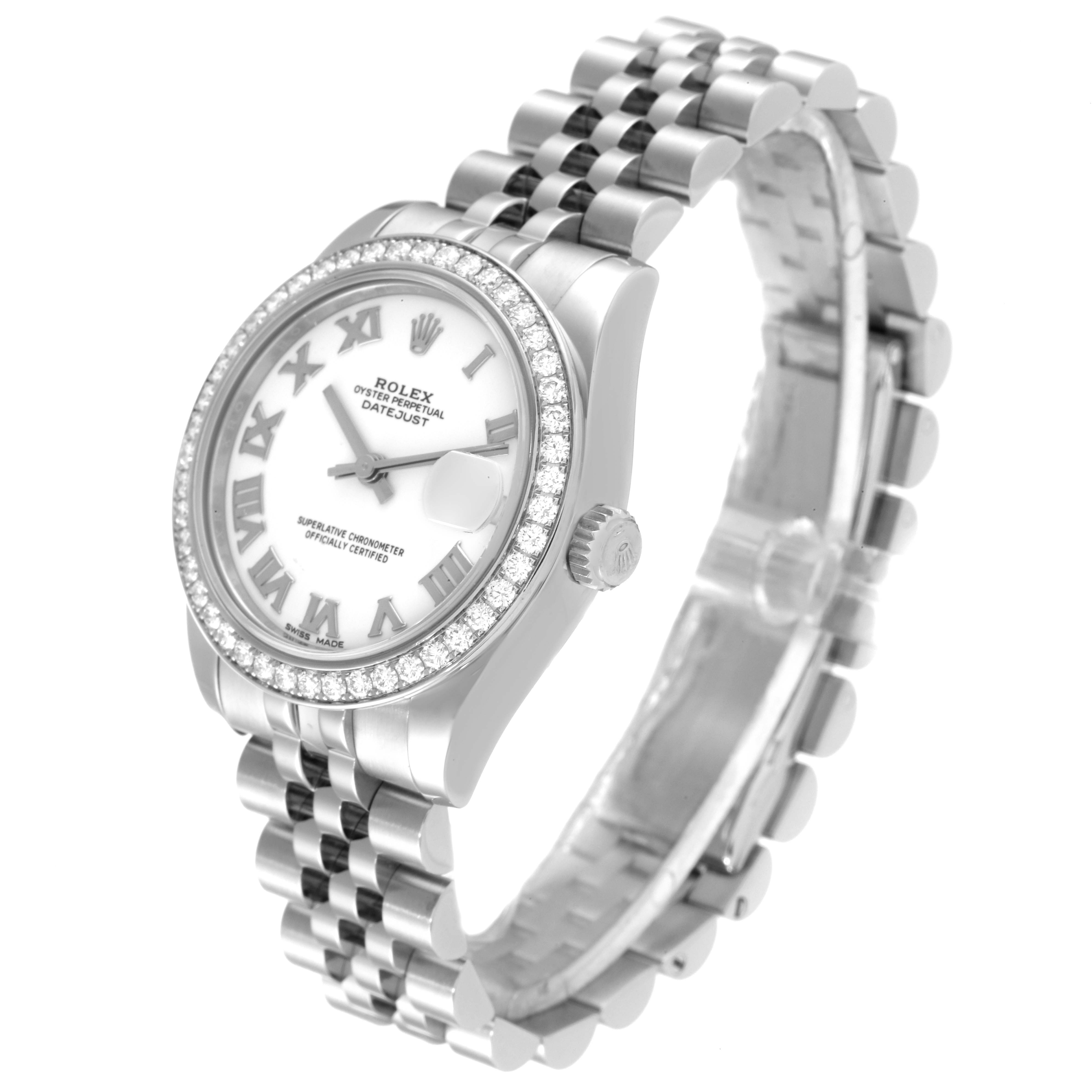 The image shows a side-angle view of a Rolex Mid-Size 178384 Women
s Stainless Steel White Dial 178384 Women
s Stainless Steel White Dial Datejust, highlighting its bezel, dial, and bracelet.